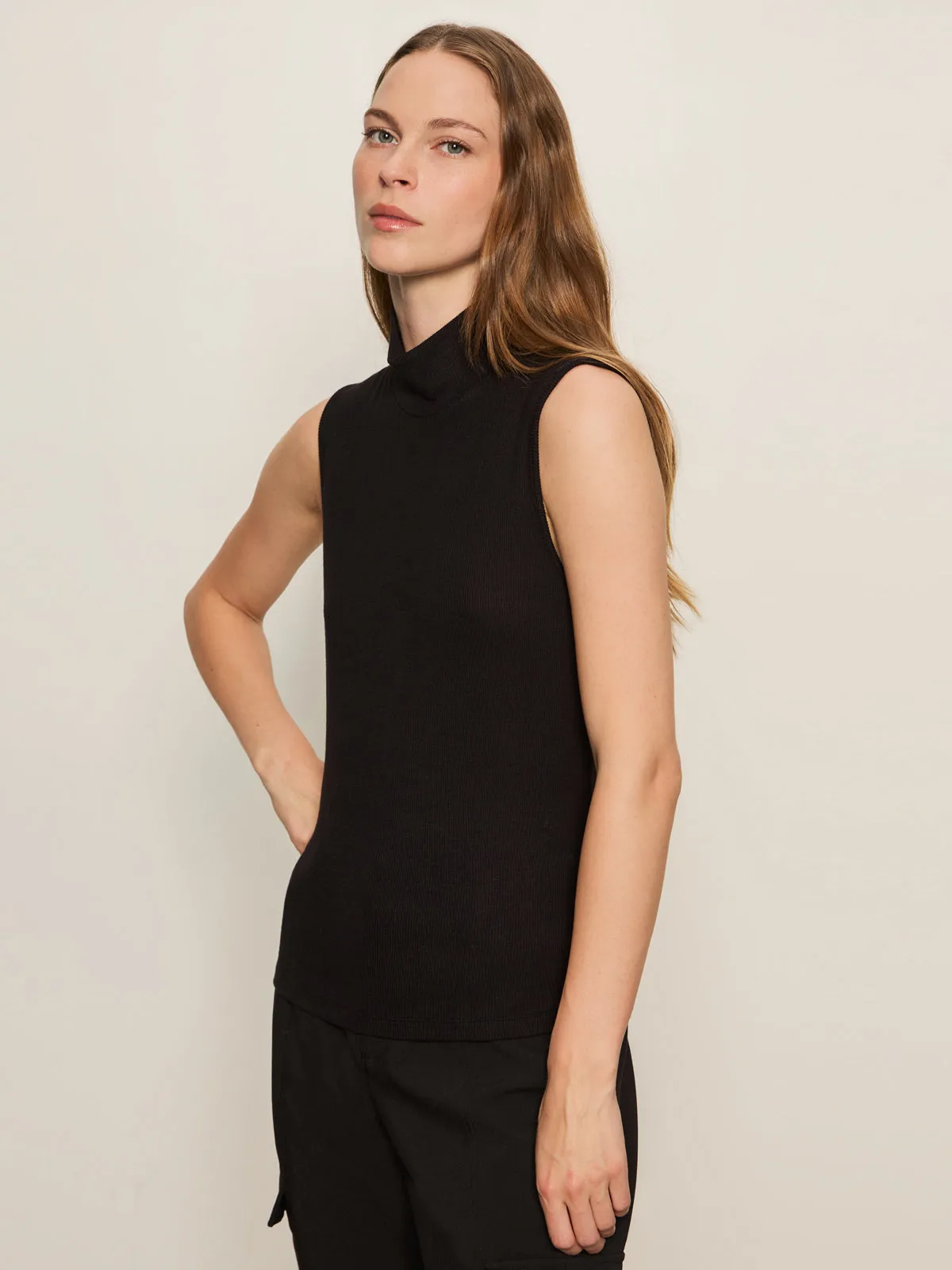 Cozy Cardigan Soft Touch Texture Essential Sleeveless Mock Neck Tank Black