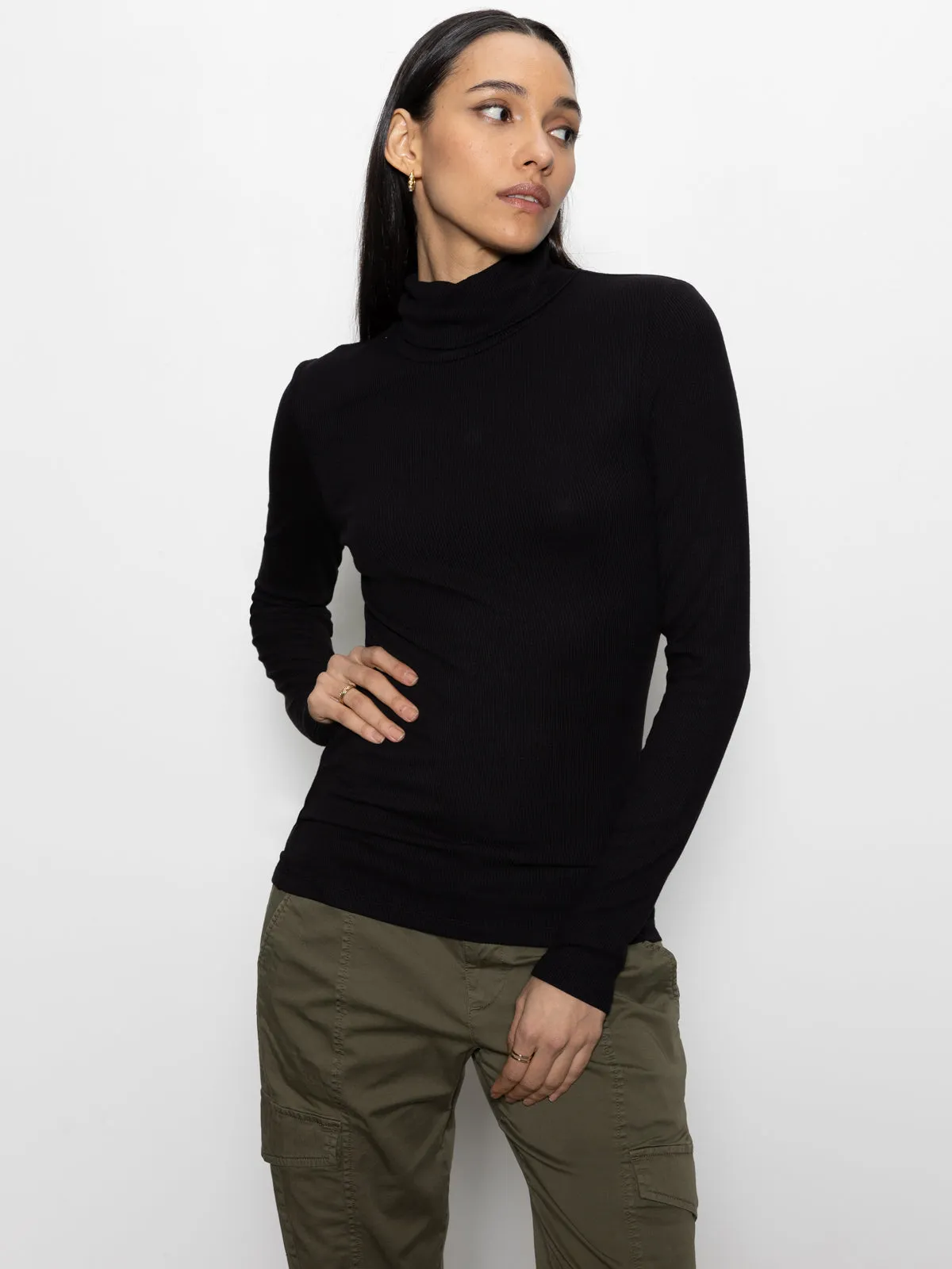 Stretch Woven Material Temperature Control Fabric Essential Turtleneck Top Black