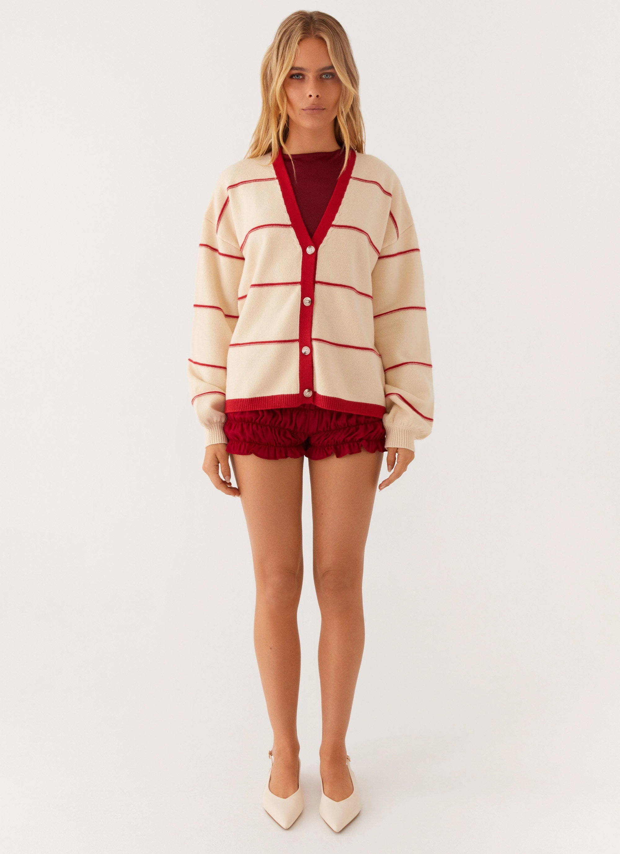 Estella Knit Cardigan - Ivory And Red Stripe Slim Tailored