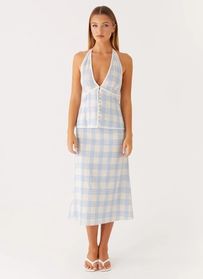 Esther Midi Skirt - Blue Check Seersucker Neat Fit