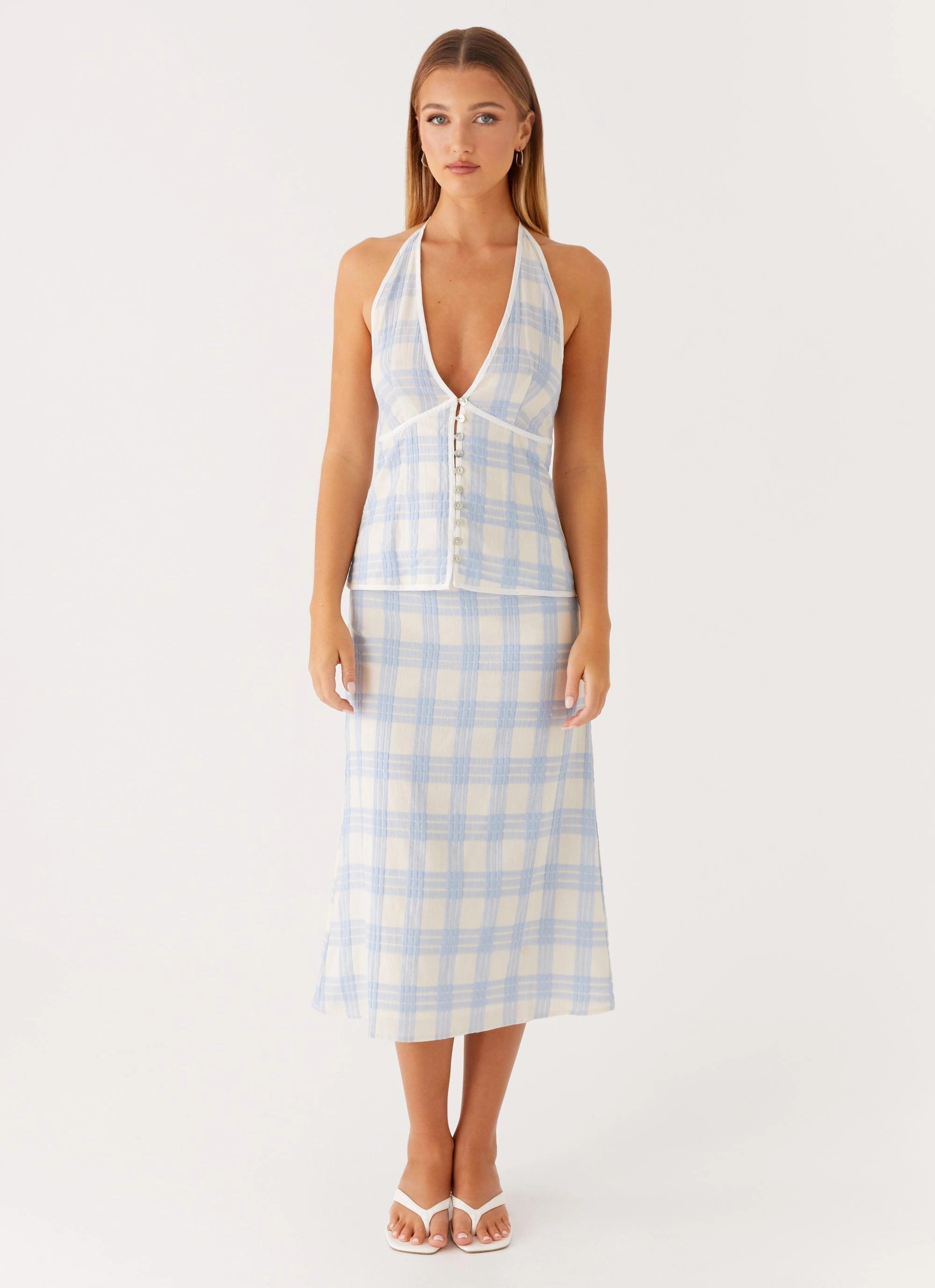 Esther Midi Skirt - Blue Check Seersucker Neat Fit
