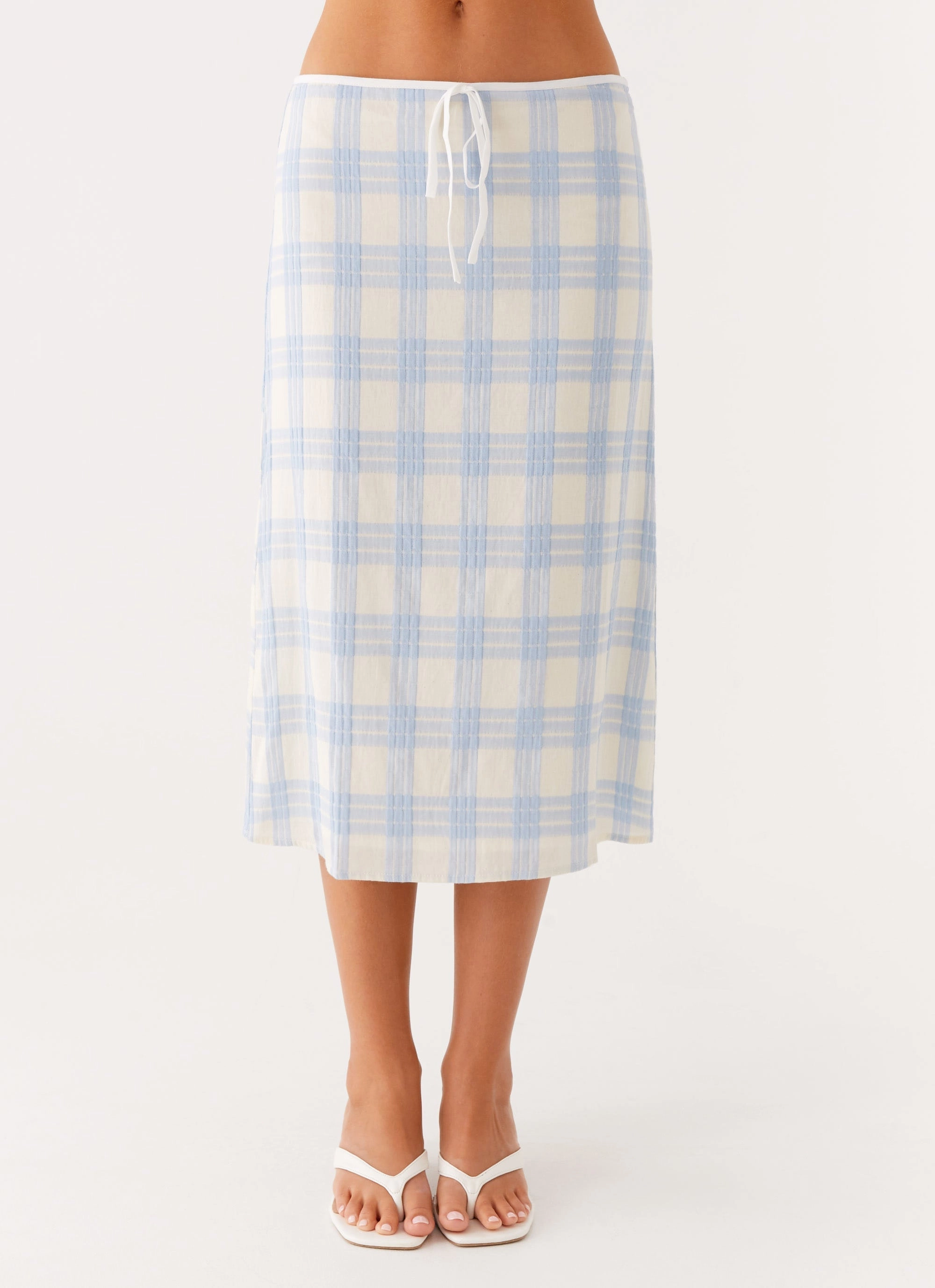 Style Essential Light Comfort Esther Midi Skirt - Blue Check Seersucker