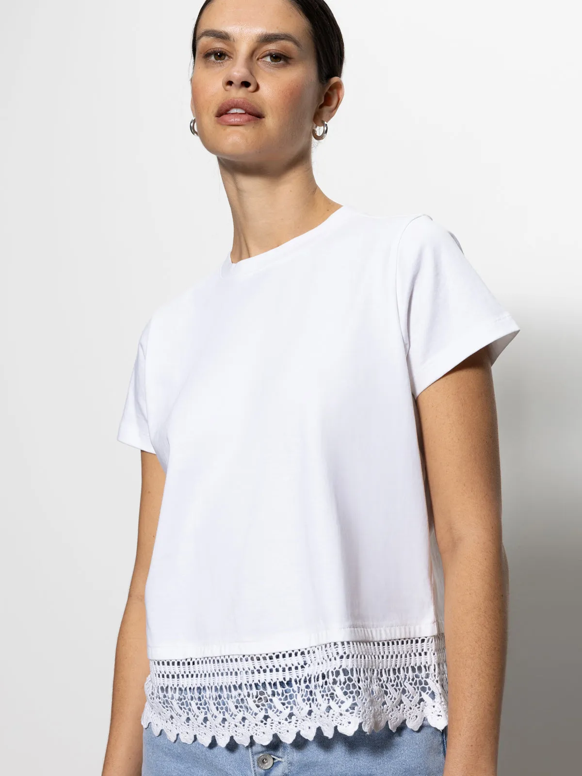 Friction Resistant Shoulder Office Look Lace Remix Perfect Tee White
