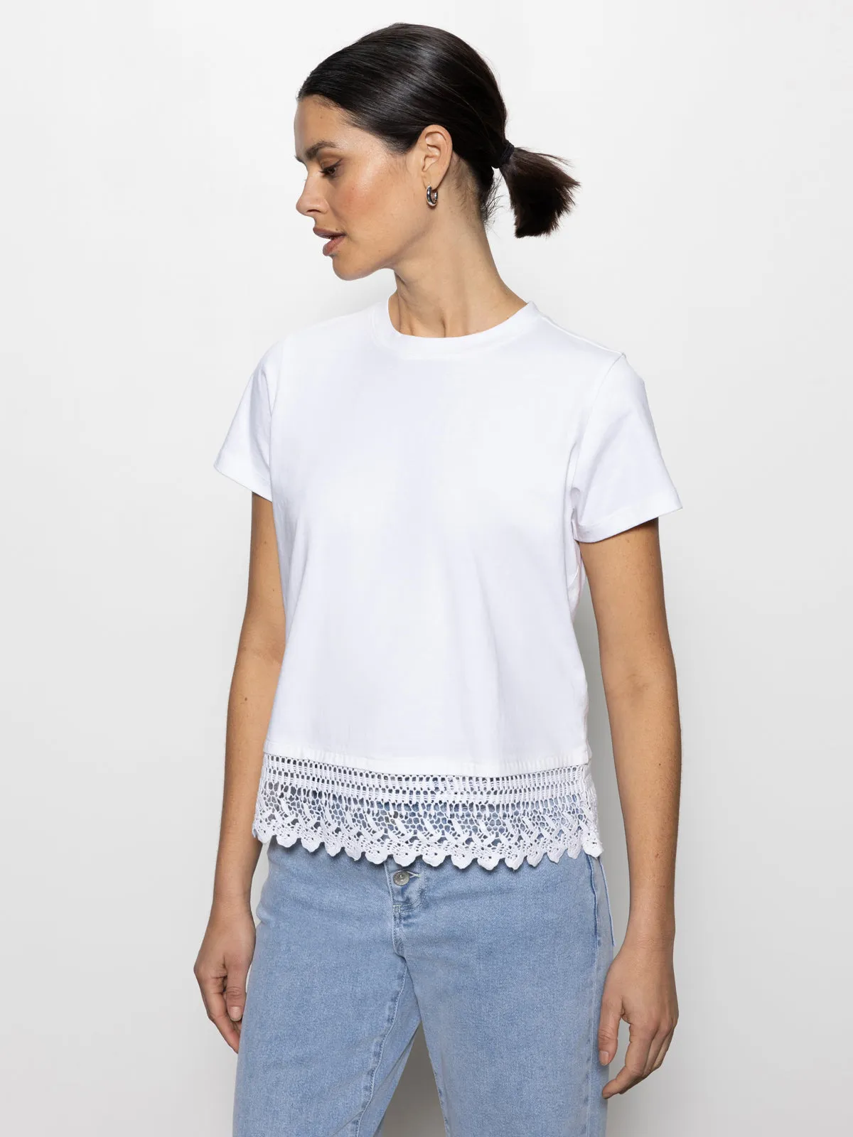 Lace Remix Perfect Tee White Zipper Closure Ribbed Hem