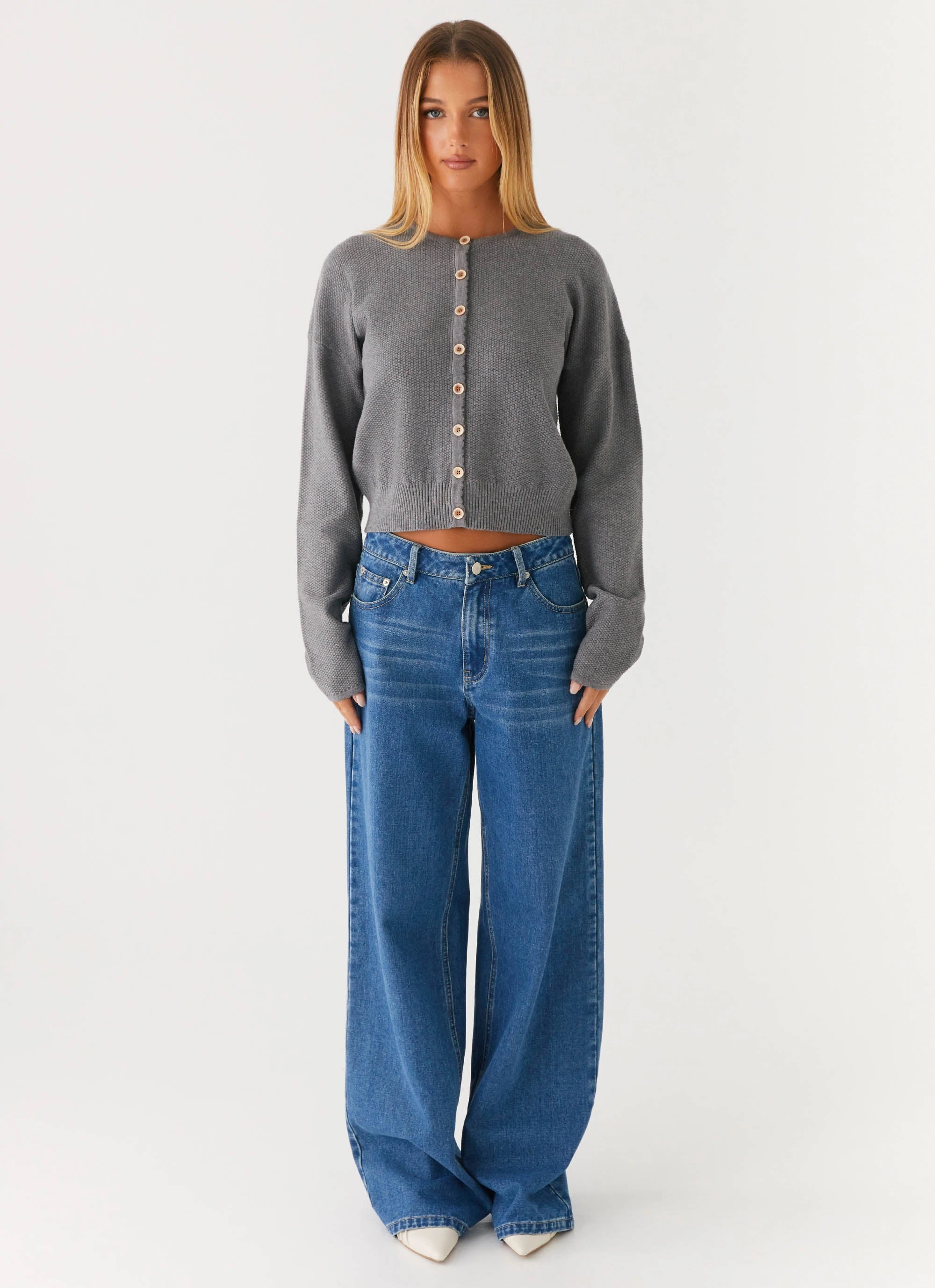 Top Guard DoubleLayeredHem Etty Knit Cardigan - Dark Grey