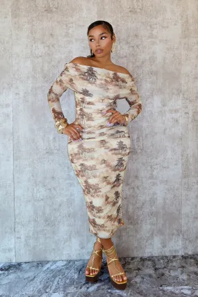 Everson Print Mesh Ruched Off Shoulder Long Sleeve Midi Dress Relaxed Look