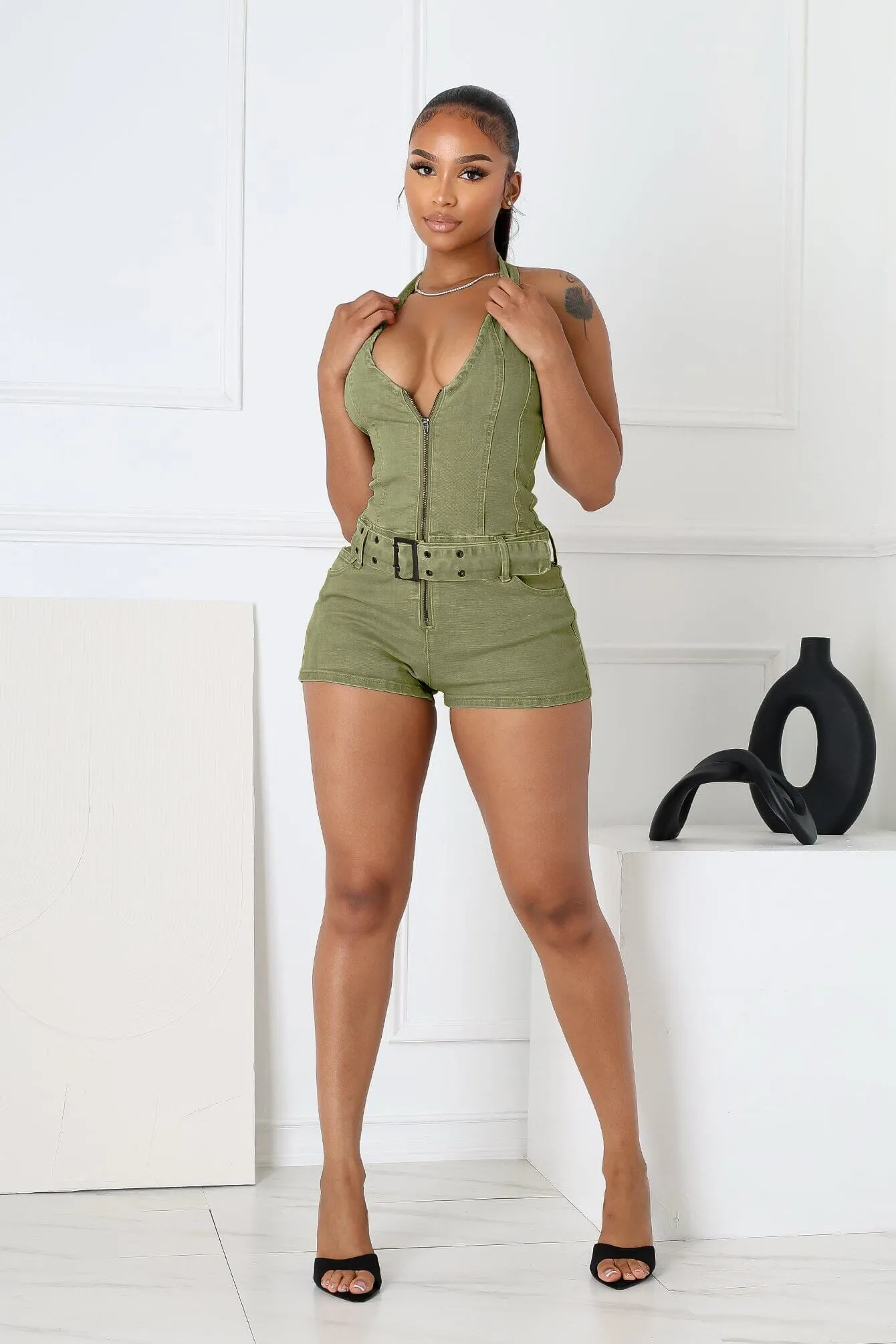 Everyday Belted Halter Utility Romper Non Restrictive Fit Low Maintenance