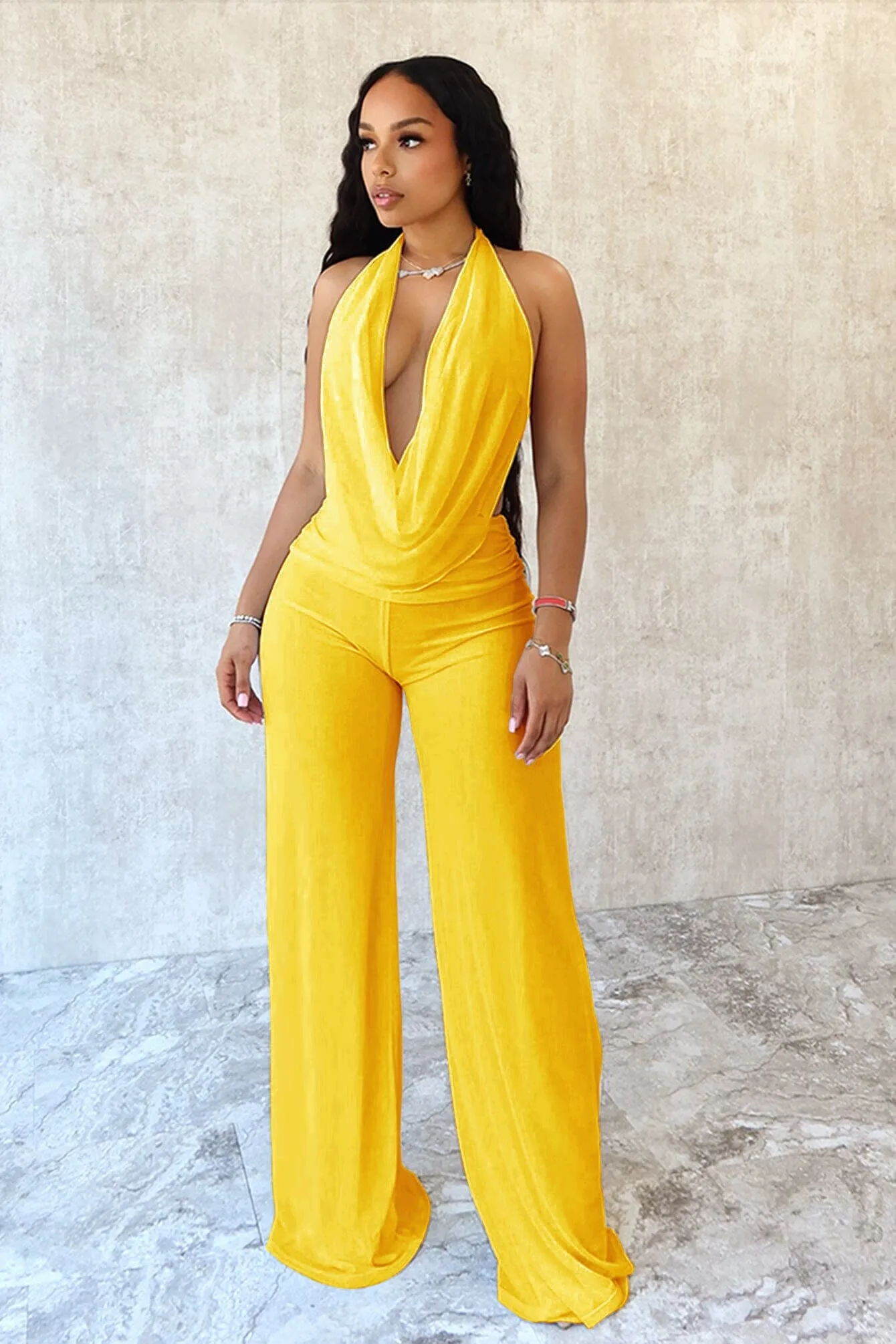 Form Fitting Evie Mesh Cowl Neck Jumpsuit