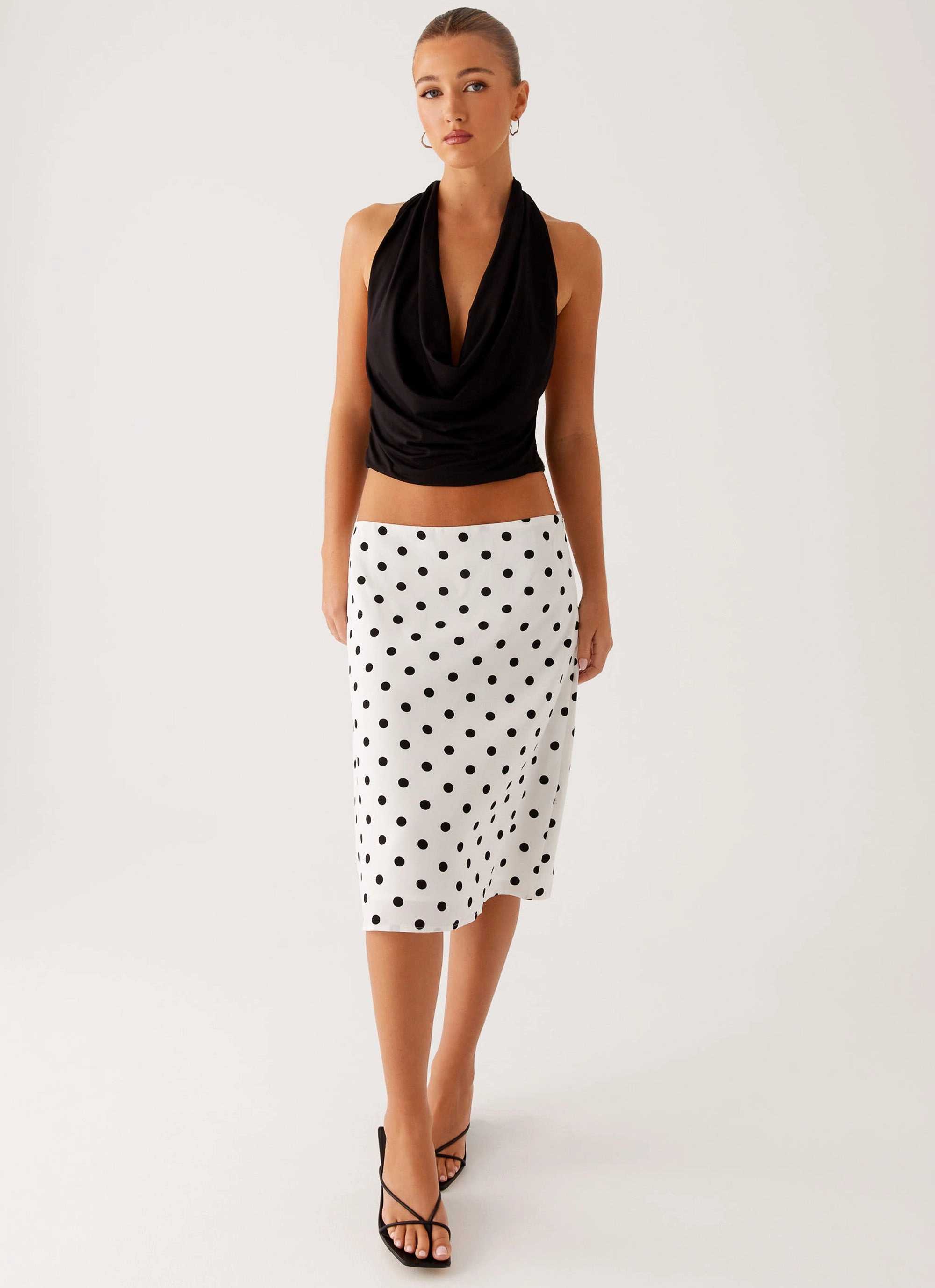 Evoke Chiffon Midi Skirt - White Polka Dot Recycled Material