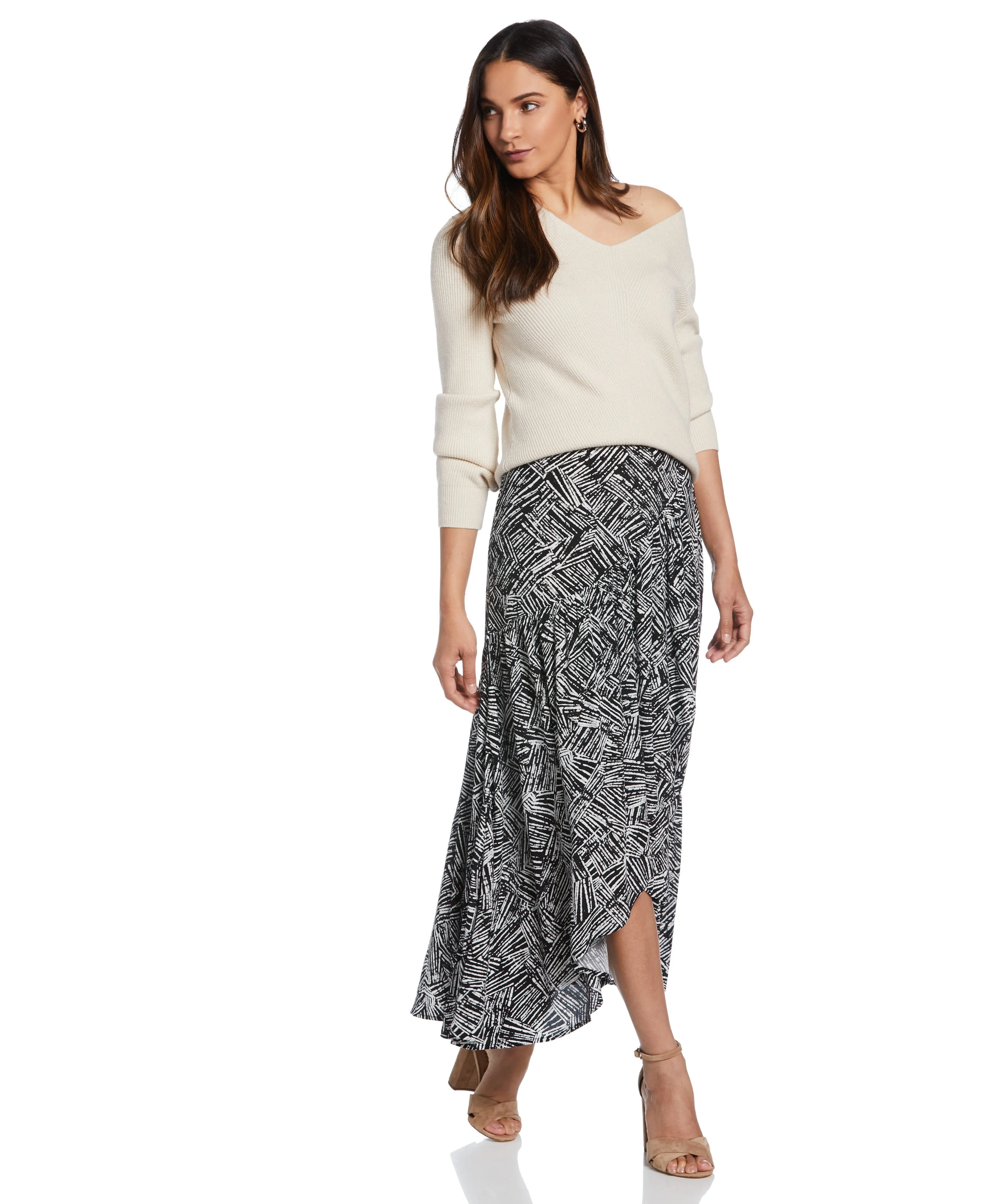On The Go Travel Comfort Printed Crepe Faux Wrap Skirt