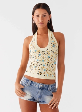Eye Contact Sequin Halter Top - Yellow VentilatedMesh Ventilated Panel Design