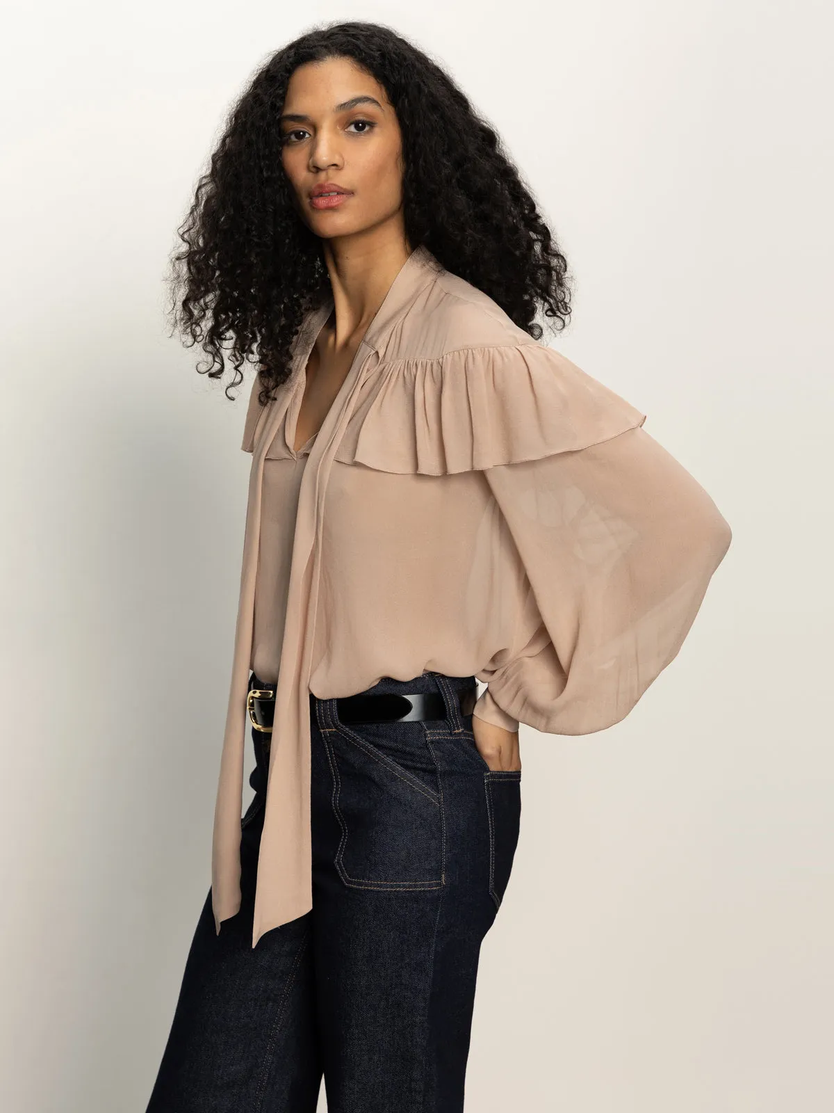 Fade Into You Ruffle Blouse Fawn Reinforced Stitching