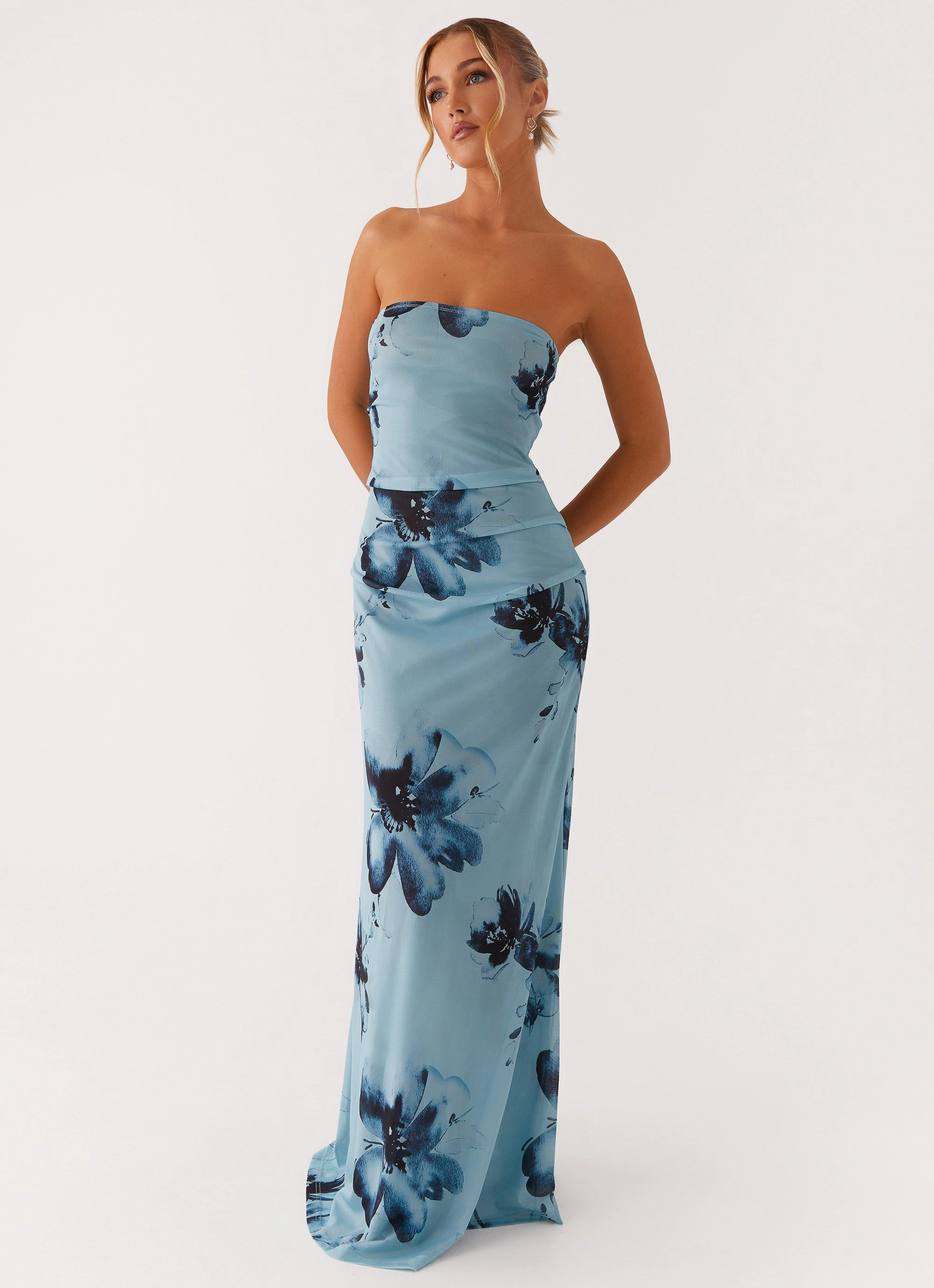 Field Of Dreams Maxi Dress - Blue Black Floral Date Ready Silky Movement