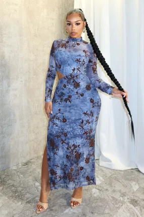 Office Cool Urban Minimalism Fallin Sky Floral Print Mesh Dress