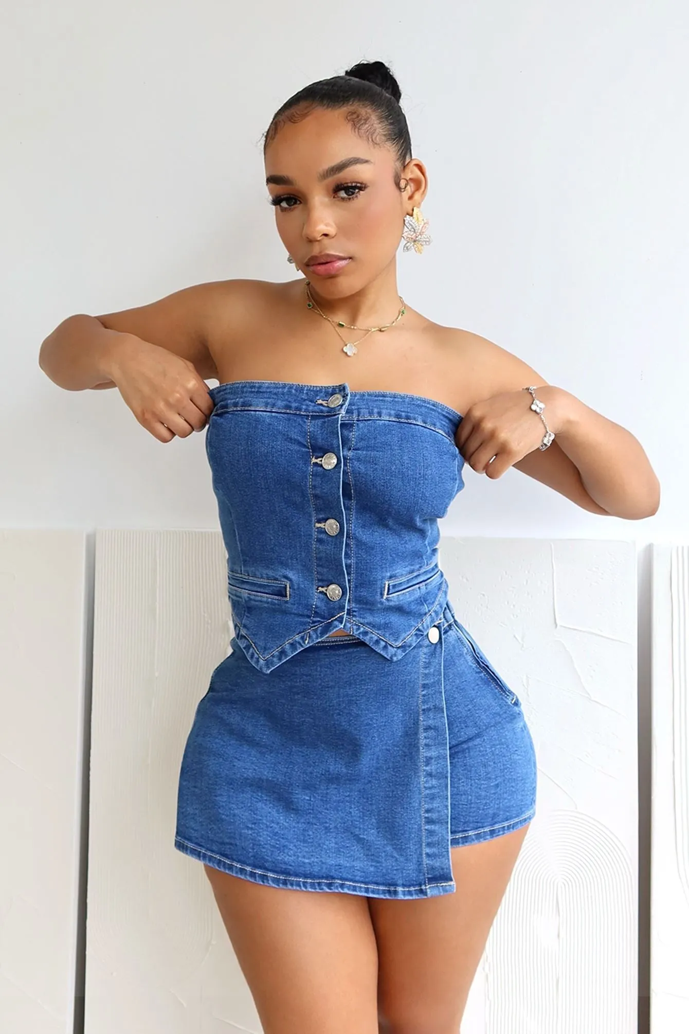 Falling Deep Button Down Denim Tube Top FadeResistant Breathable back panel