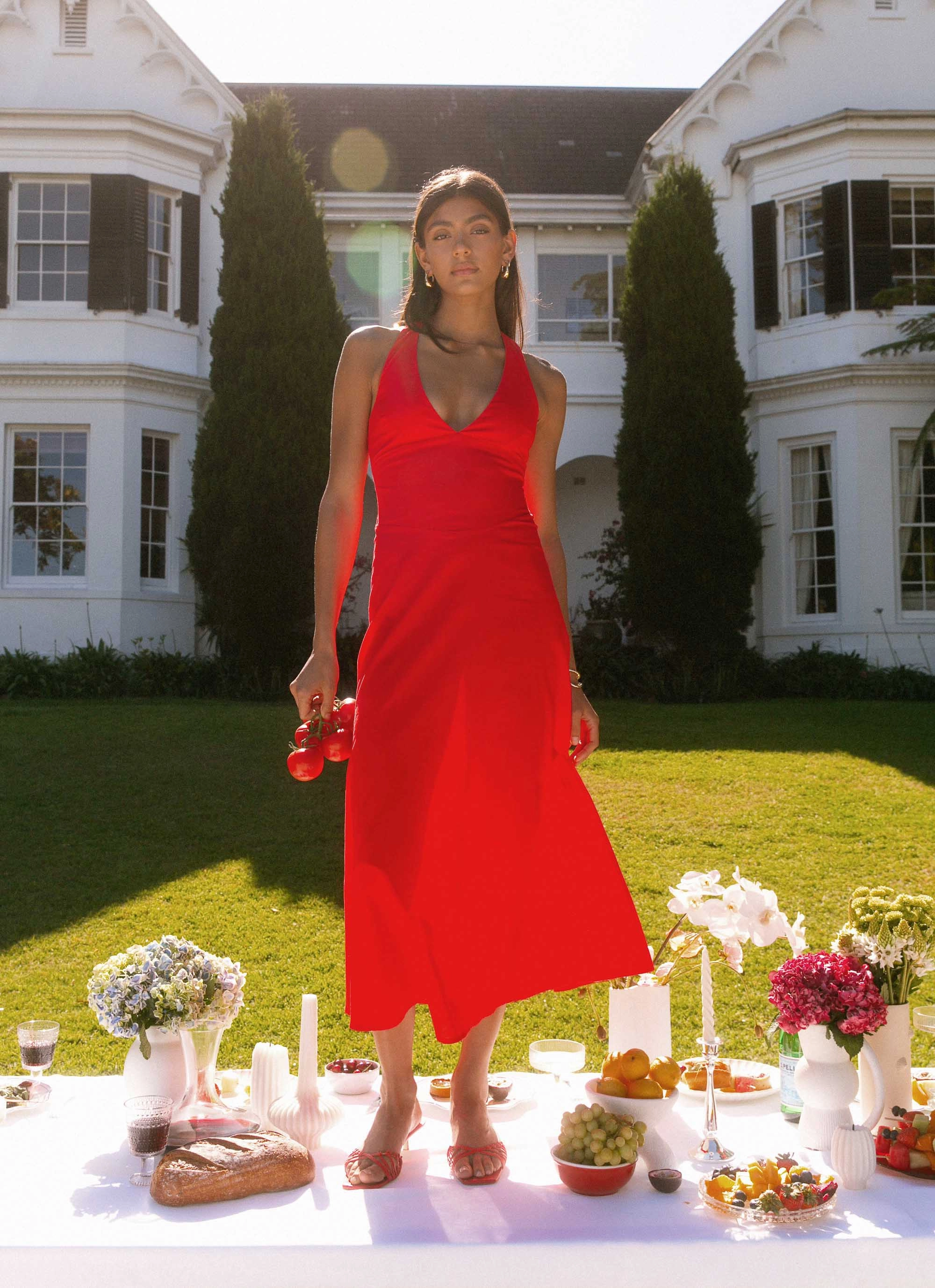 Square Neck Shimmer-Finish Falling For You Midi Dress - Red