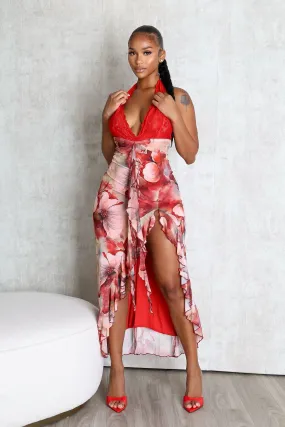 Fariah Print Lace Halter Ruffle Maxi Dress Mood Edge