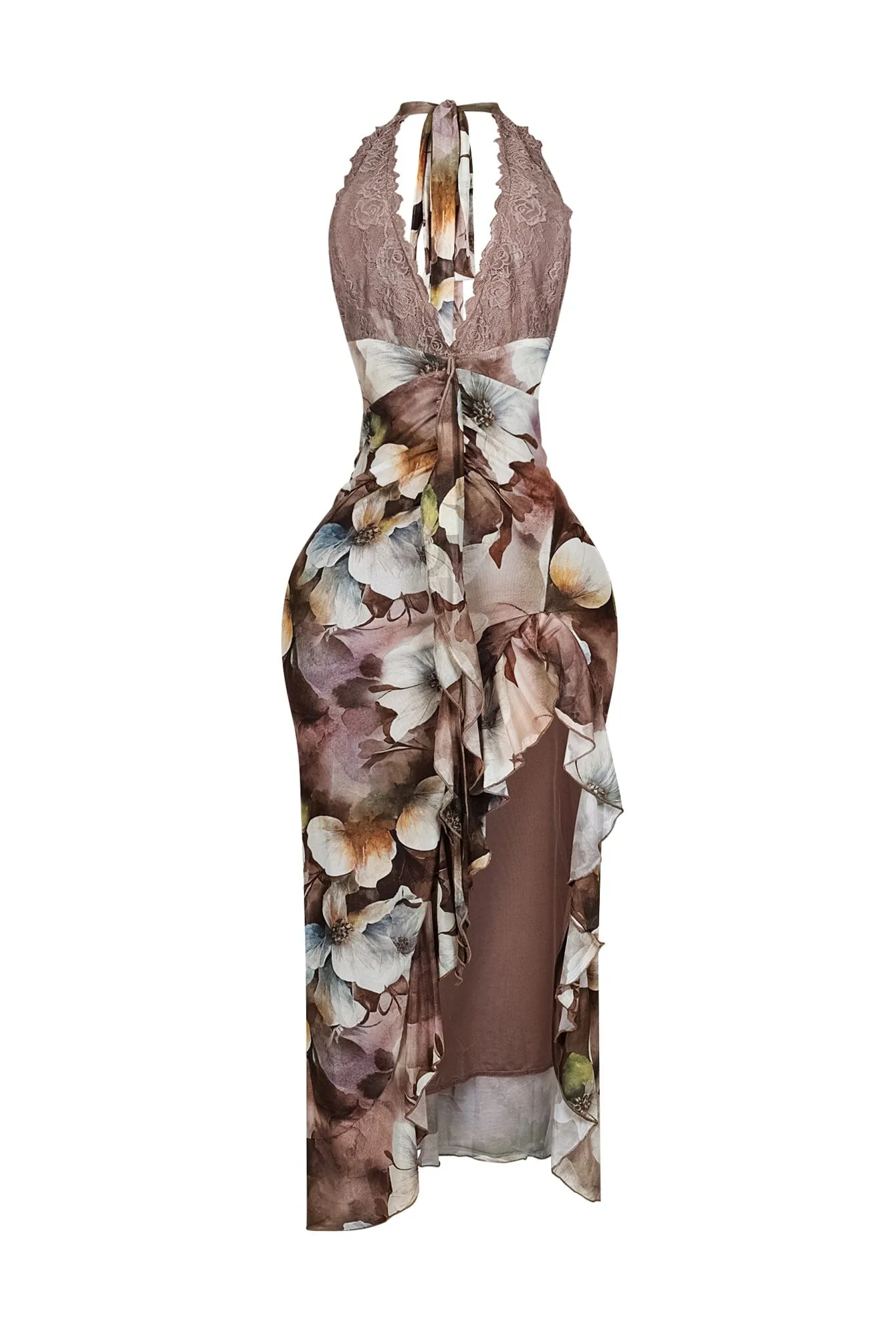 NonIrritatingLining Fariah Print Lace Halter Ruffle Maxi Dress