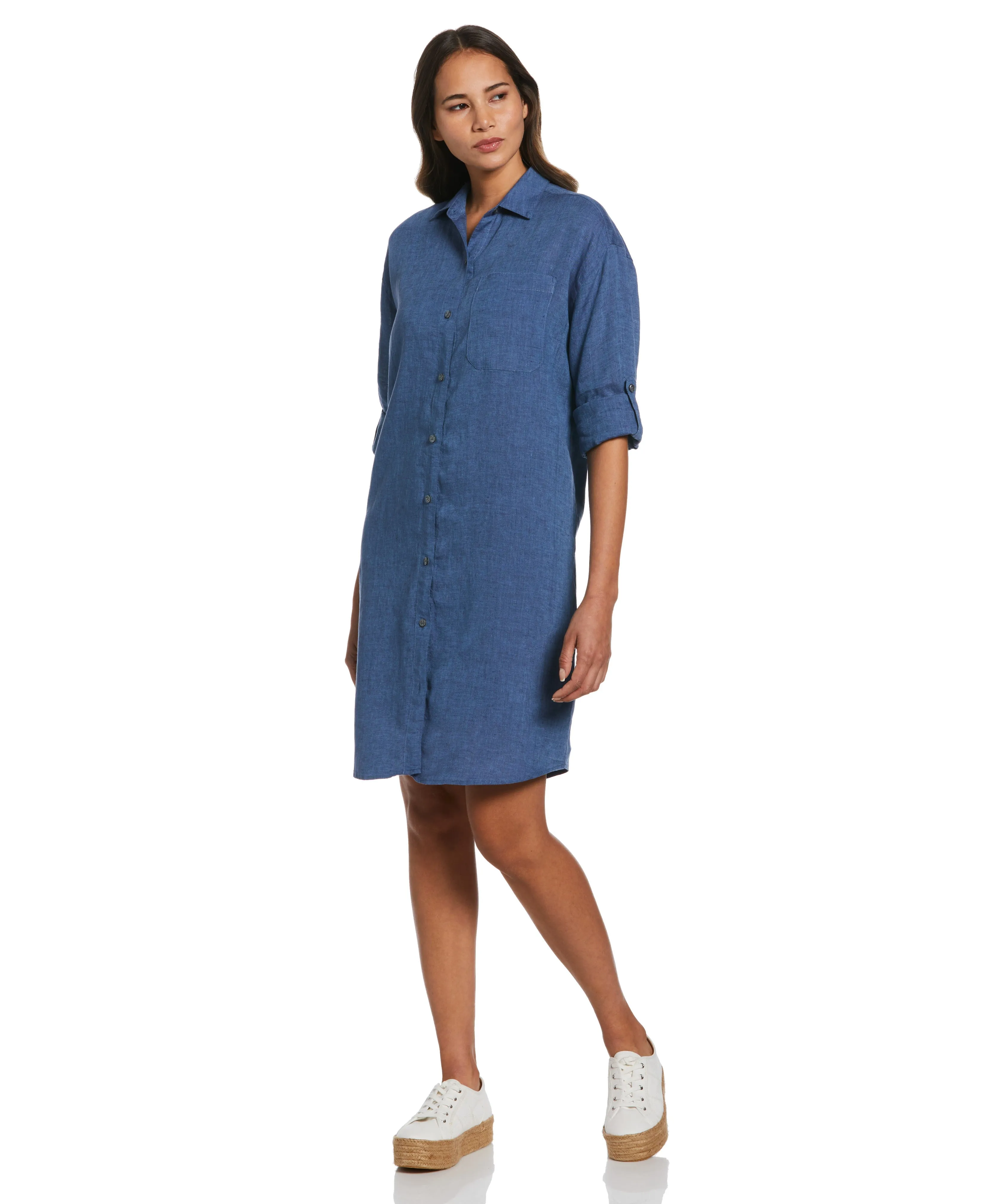 Roll Sleeve Linen Shirt Dress Rooftop-Event