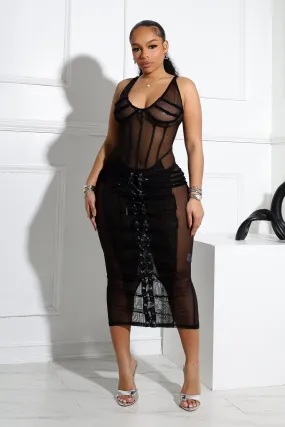 Classic Layering Angela Mesh Corset Lace Up Midi Dress
