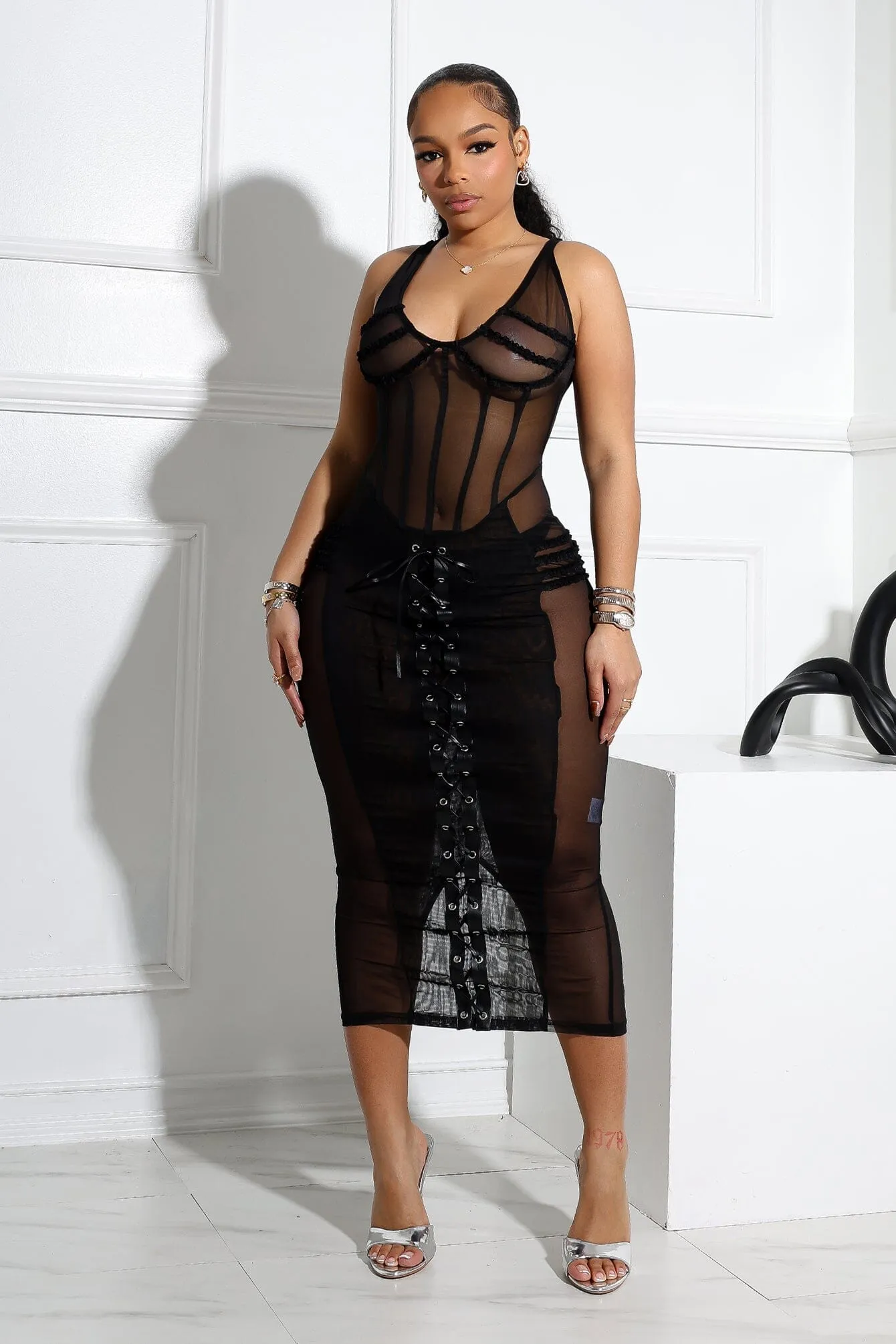 Formal Outfit Angela Mesh Corset Lace Up Midi Dress