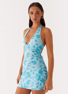 Patchwork Design Merida Halterneck Beaded Mini Dress - Blue