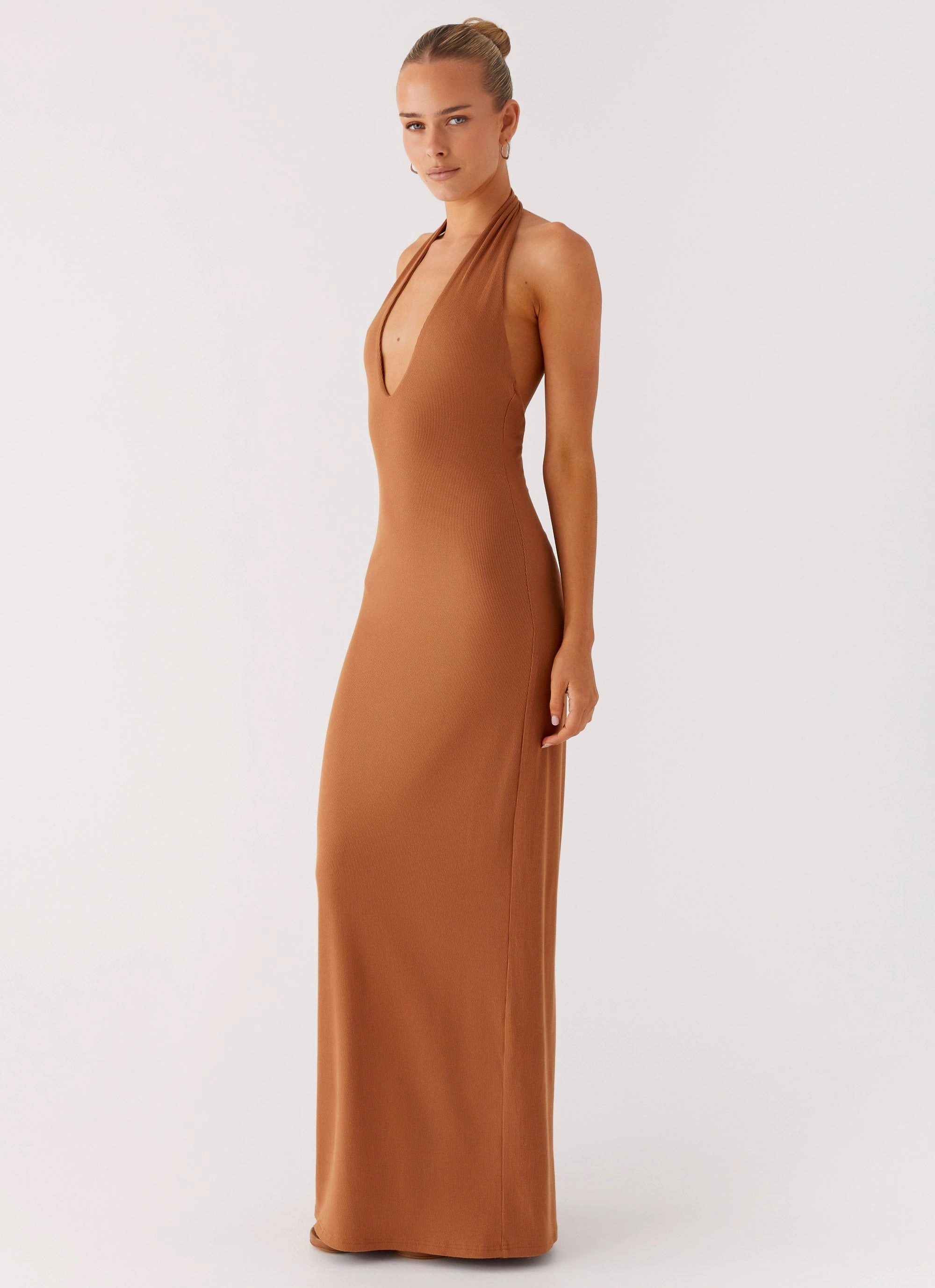 Graceful Ease Plunge For You Maxi Dress - Tan