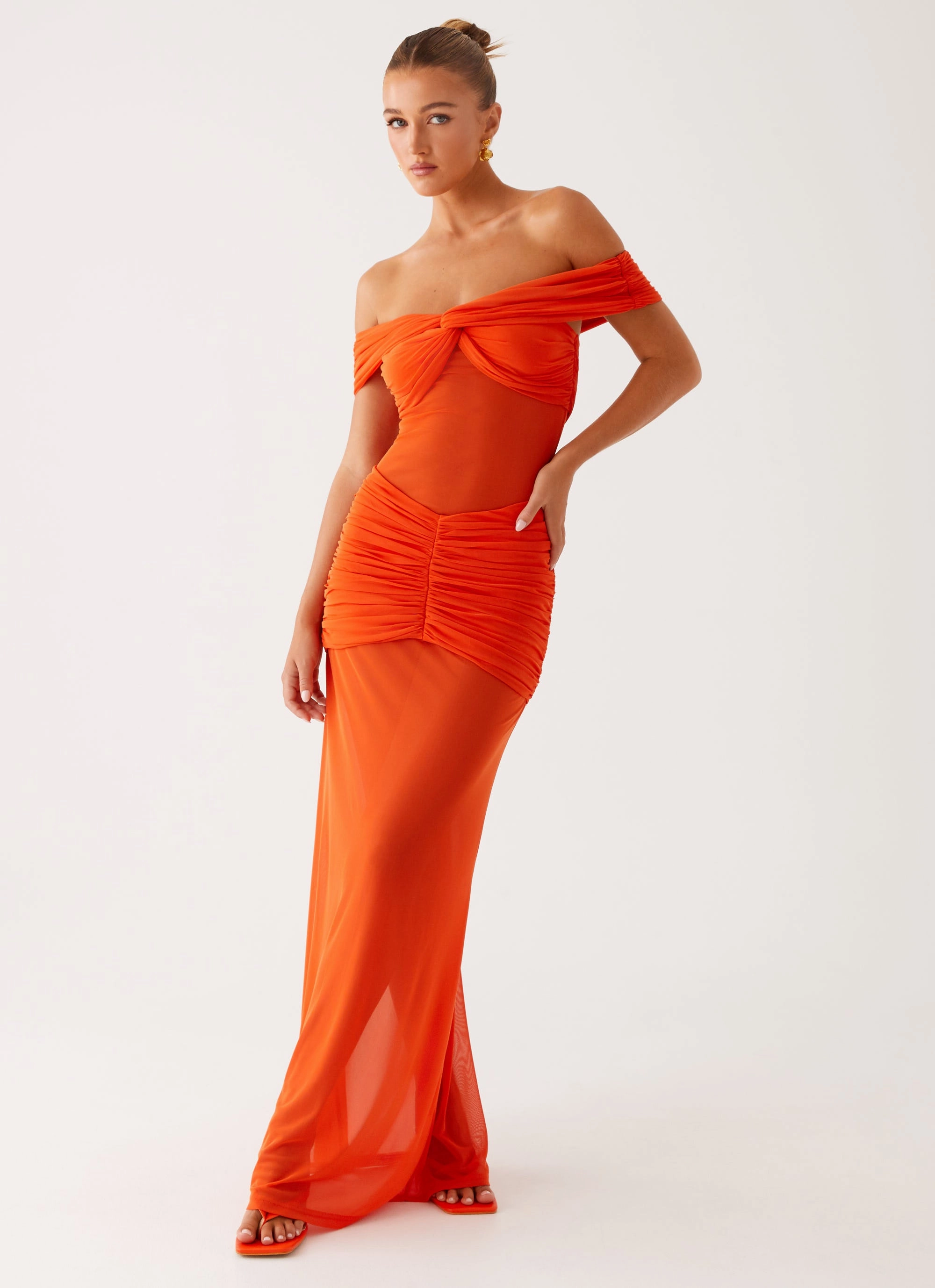 Flowing Design Charming Off Shoulder Maxi Dress - Orange