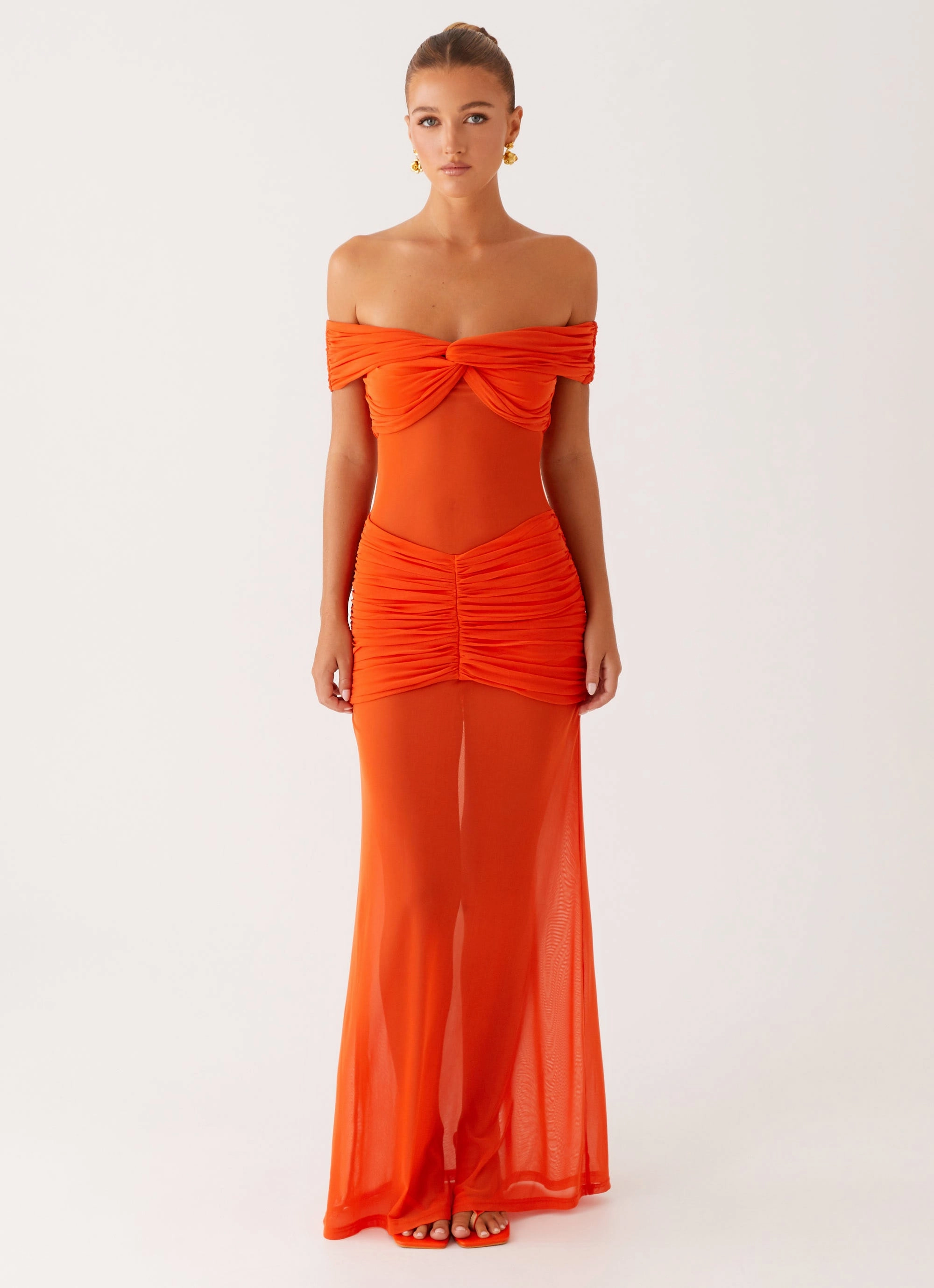 Charming Off Shoulder Maxi Dress - Orange Soft Volume