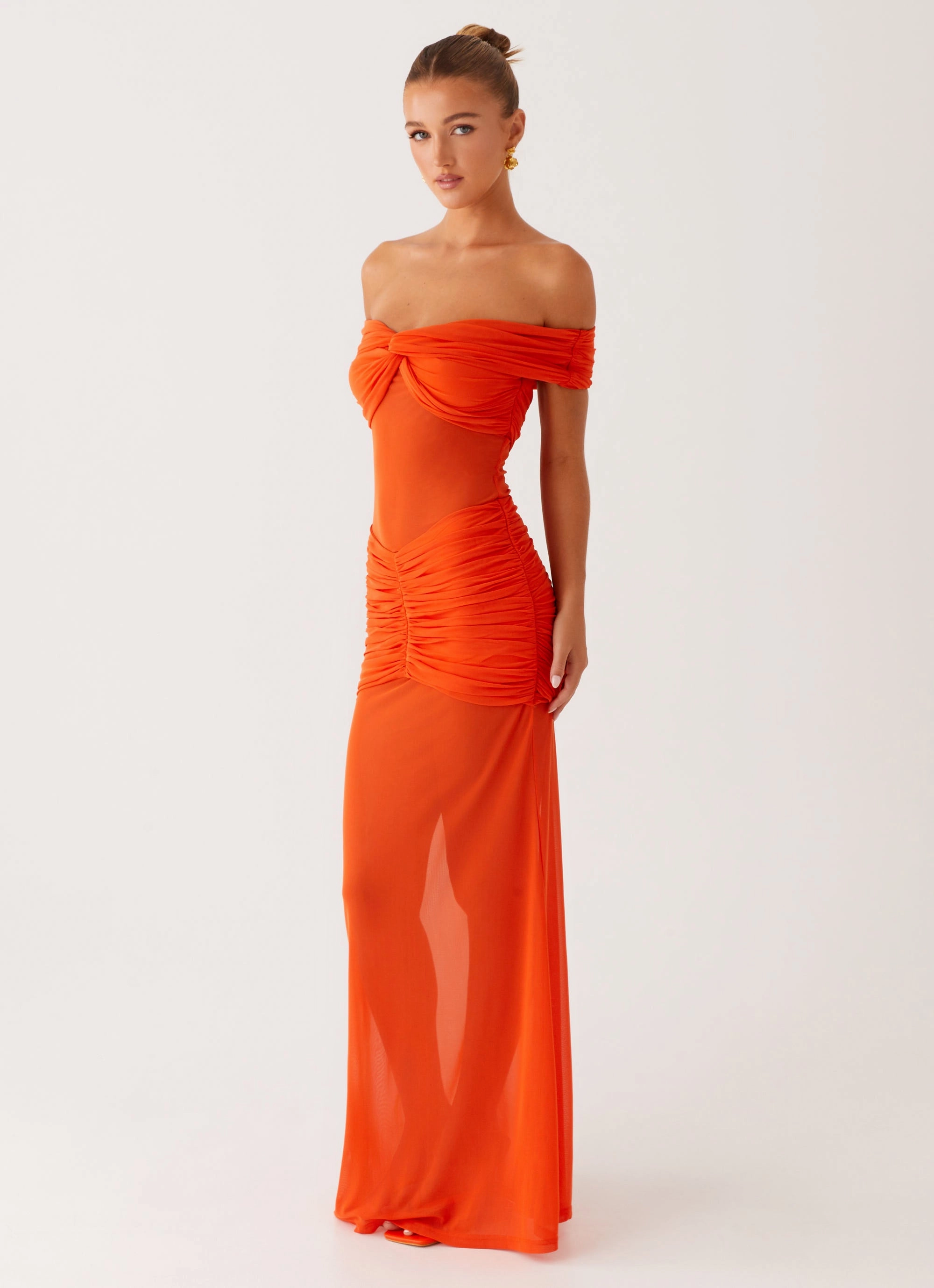 Charming Off Shoulder Maxi Dress - Orange Silk-Blend