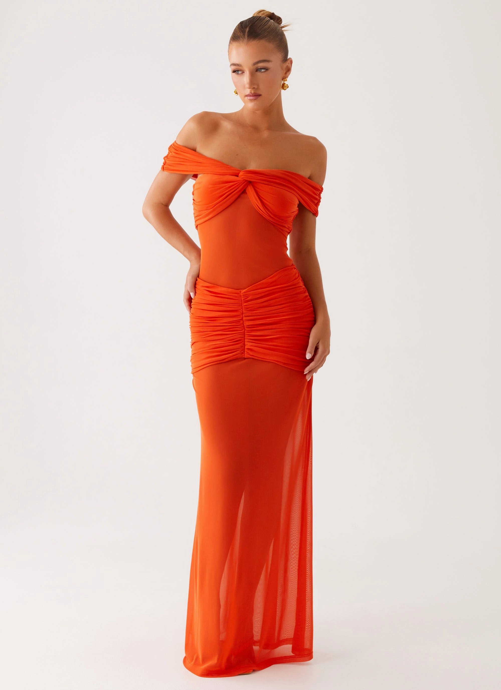 Polished Cut Light Coral Charming Off Shoulder Maxi Dress - Orange