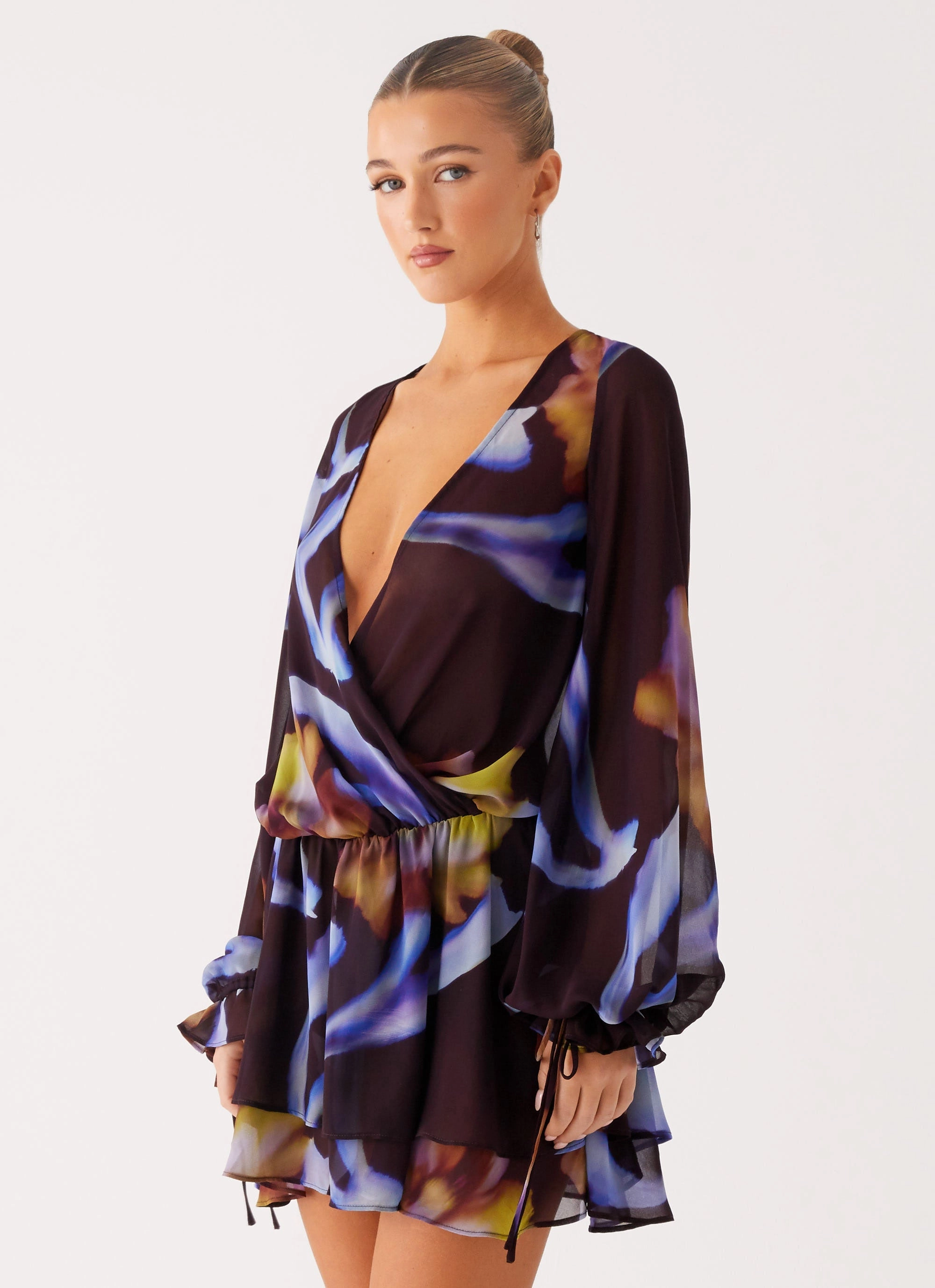 Soft Material Classic Line Passion Long Sleeve Mini Dress - Dark Floral