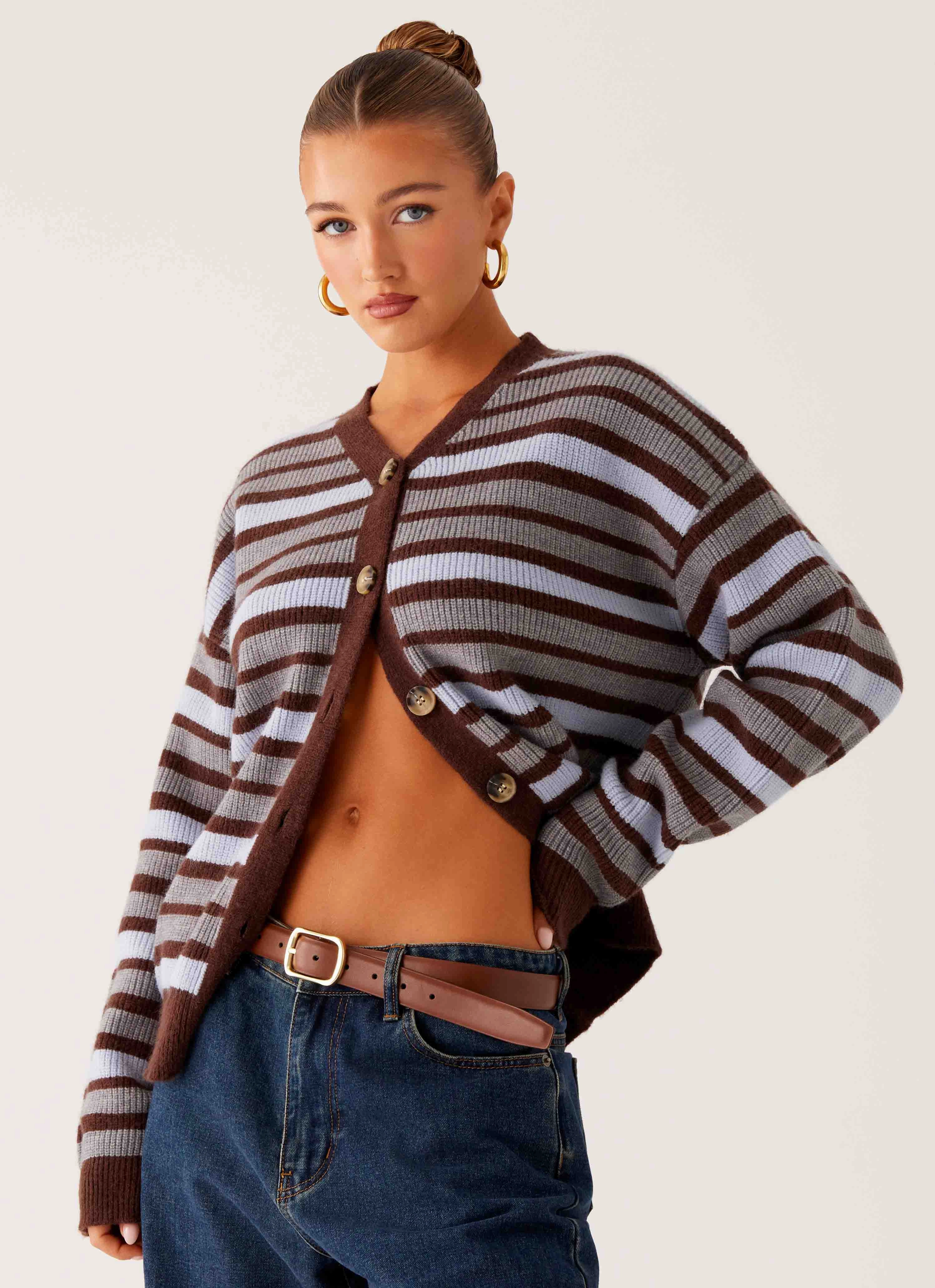 Charlie Oversized Cardigan - Tawny Stripe Softshell Fabric Warm Layers