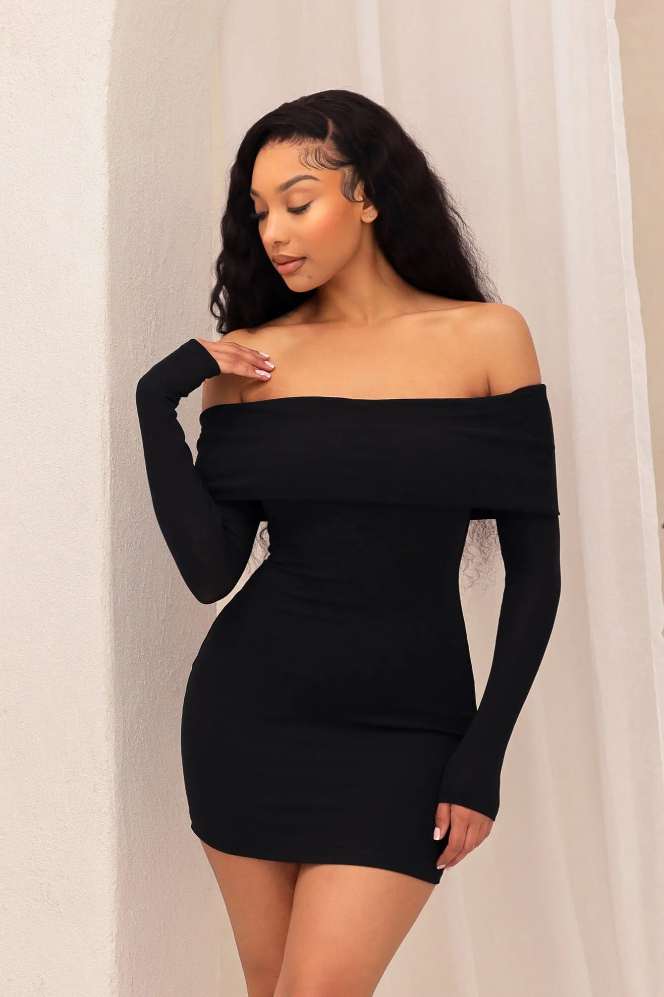A Classic Off Shoulder Long Sleeve Mini Dress Ombre-Effect Designer-Label