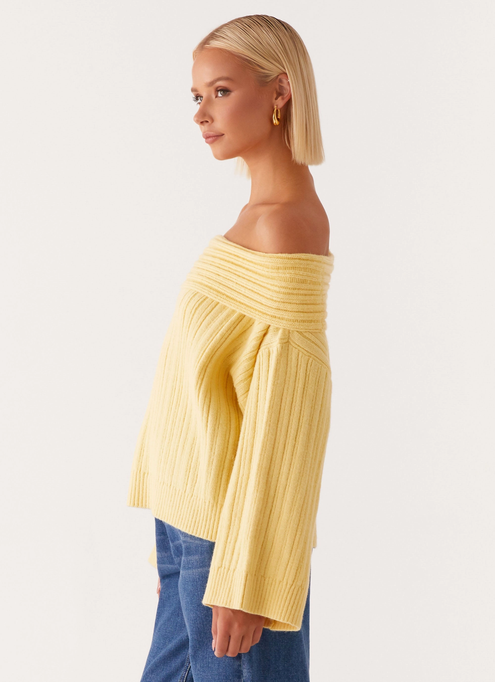 Double stitching NonRestrictive Cut Federica Off Shoulder Knit - Lemon