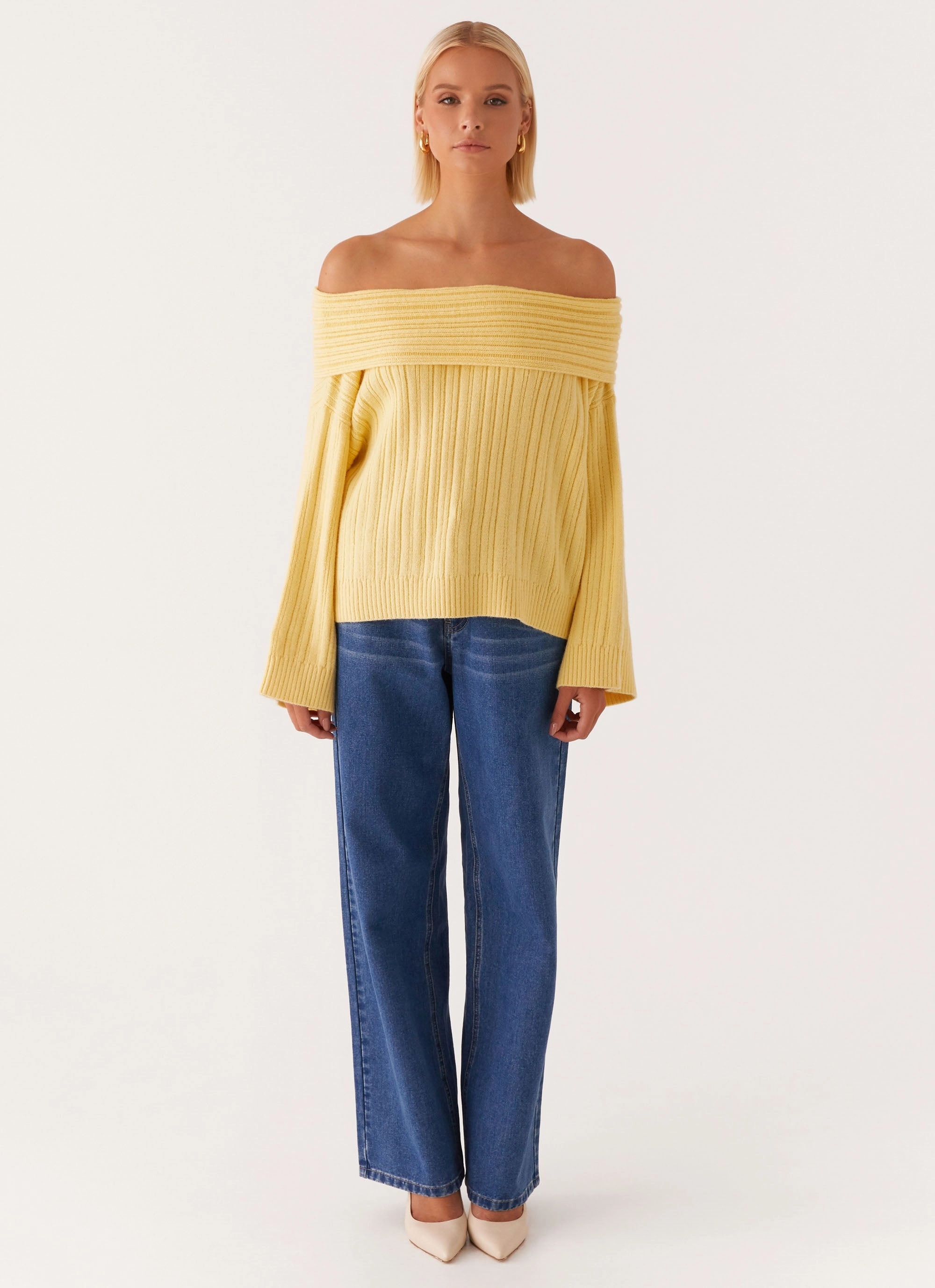 Collapsible Packable Design Solid Color Federica Off Shoulder Knit - Lemon