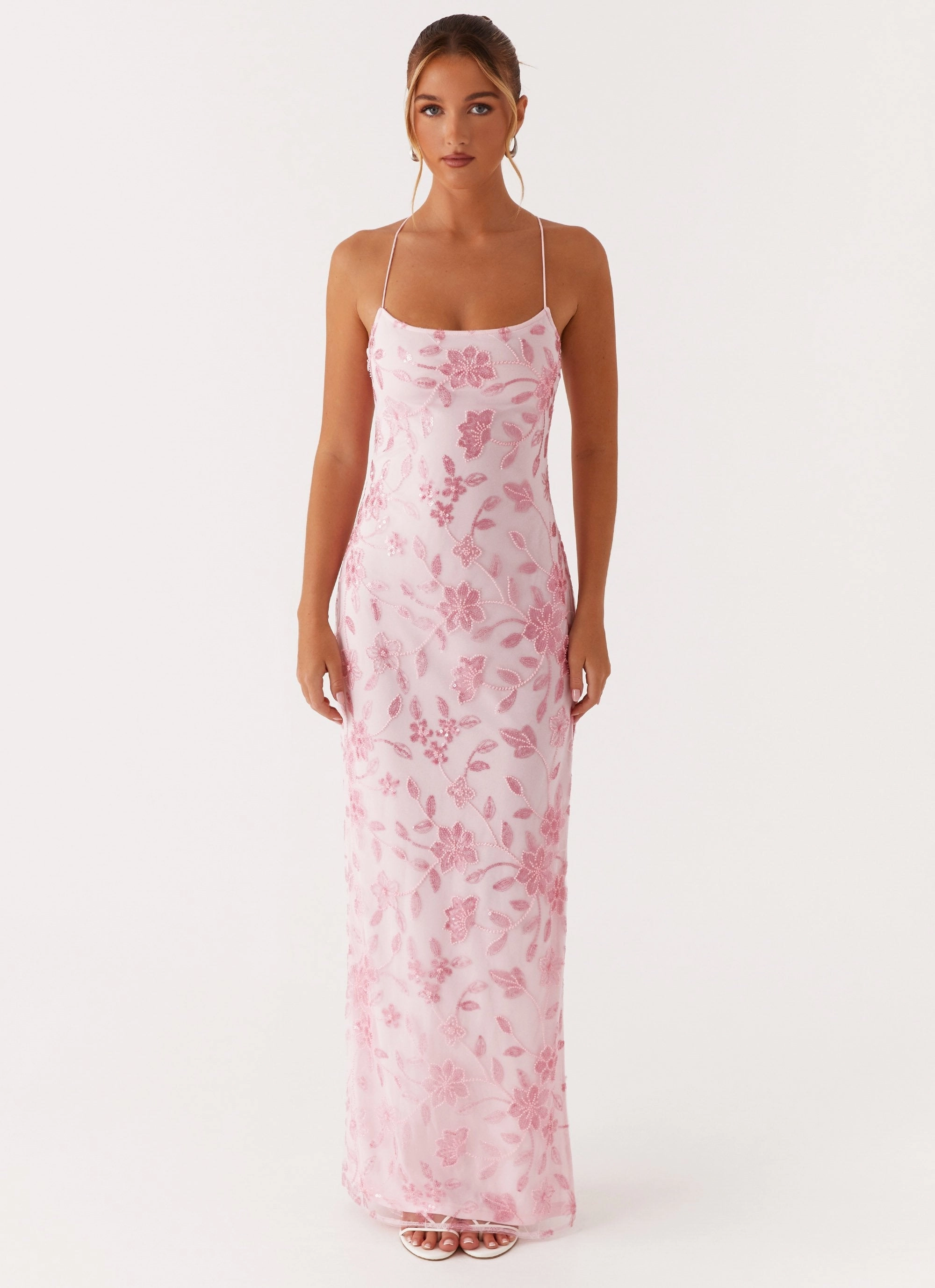 Bright Lights Beaded Maxi Dress - Pink Smooth-Finish Short Sleeve