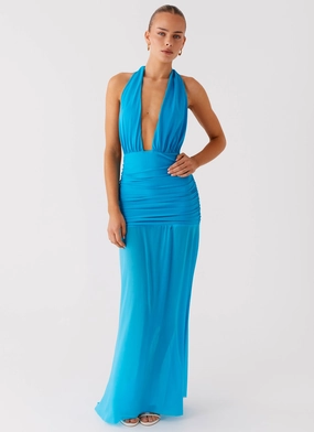 Dilemma Halter Maxi Dress - Turquoise Blue Elegant formal piece