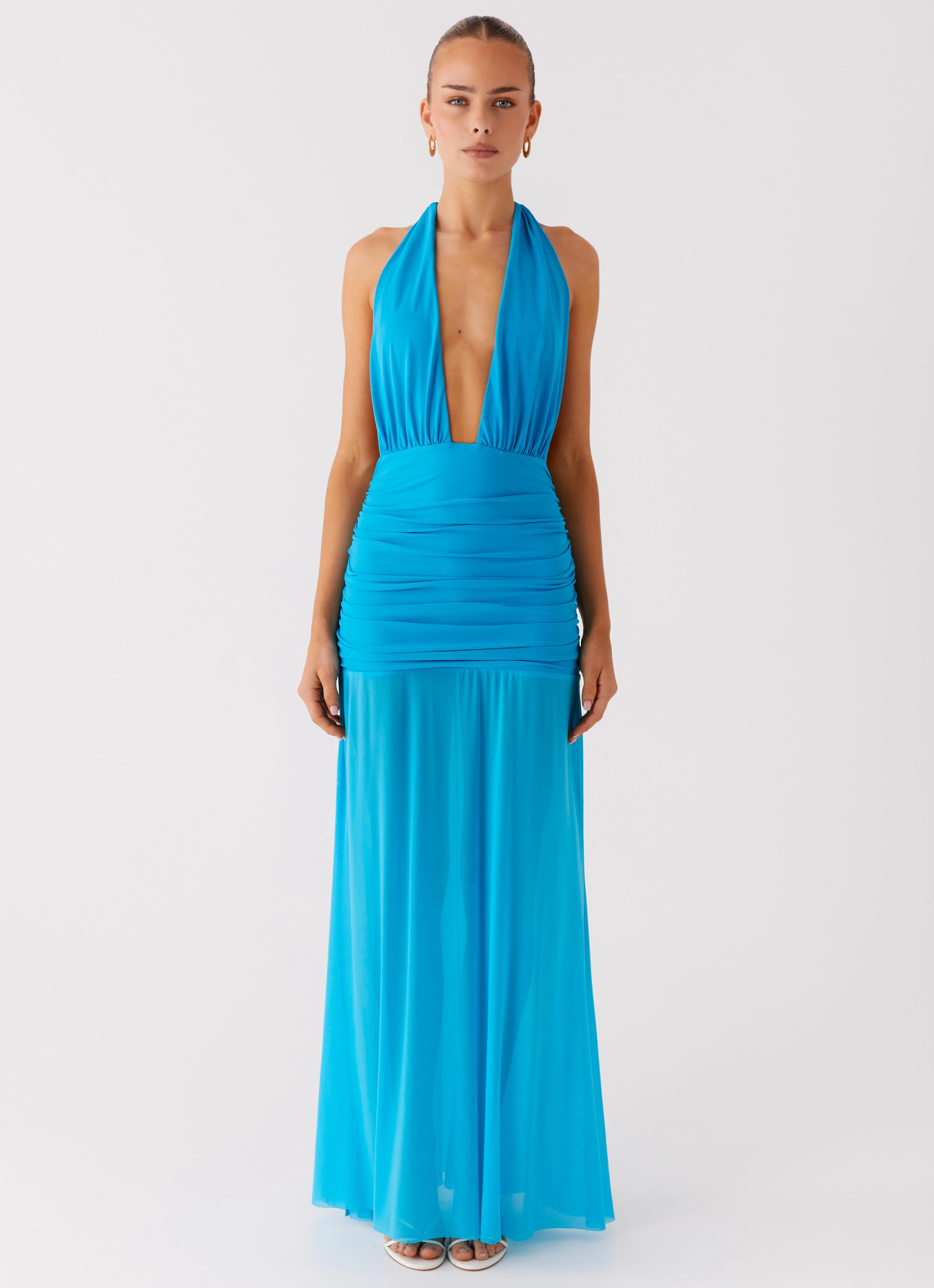 Sleek Fit Dilemma Halter Maxi Dress - Turquoise Blue