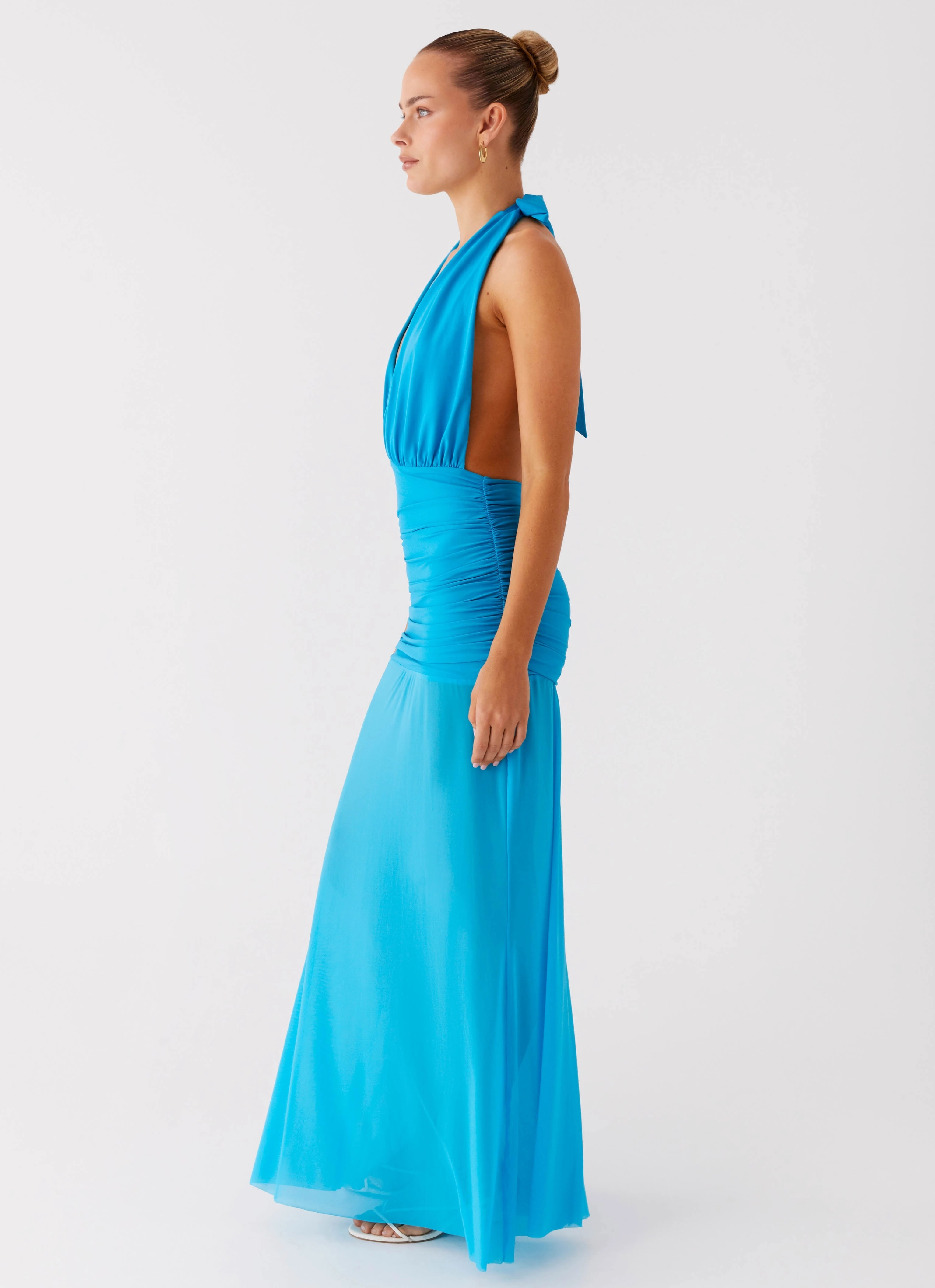 Dilemma Halter Maxi Dress - Turquoise Blue Feminine Look Hidden-Pocket