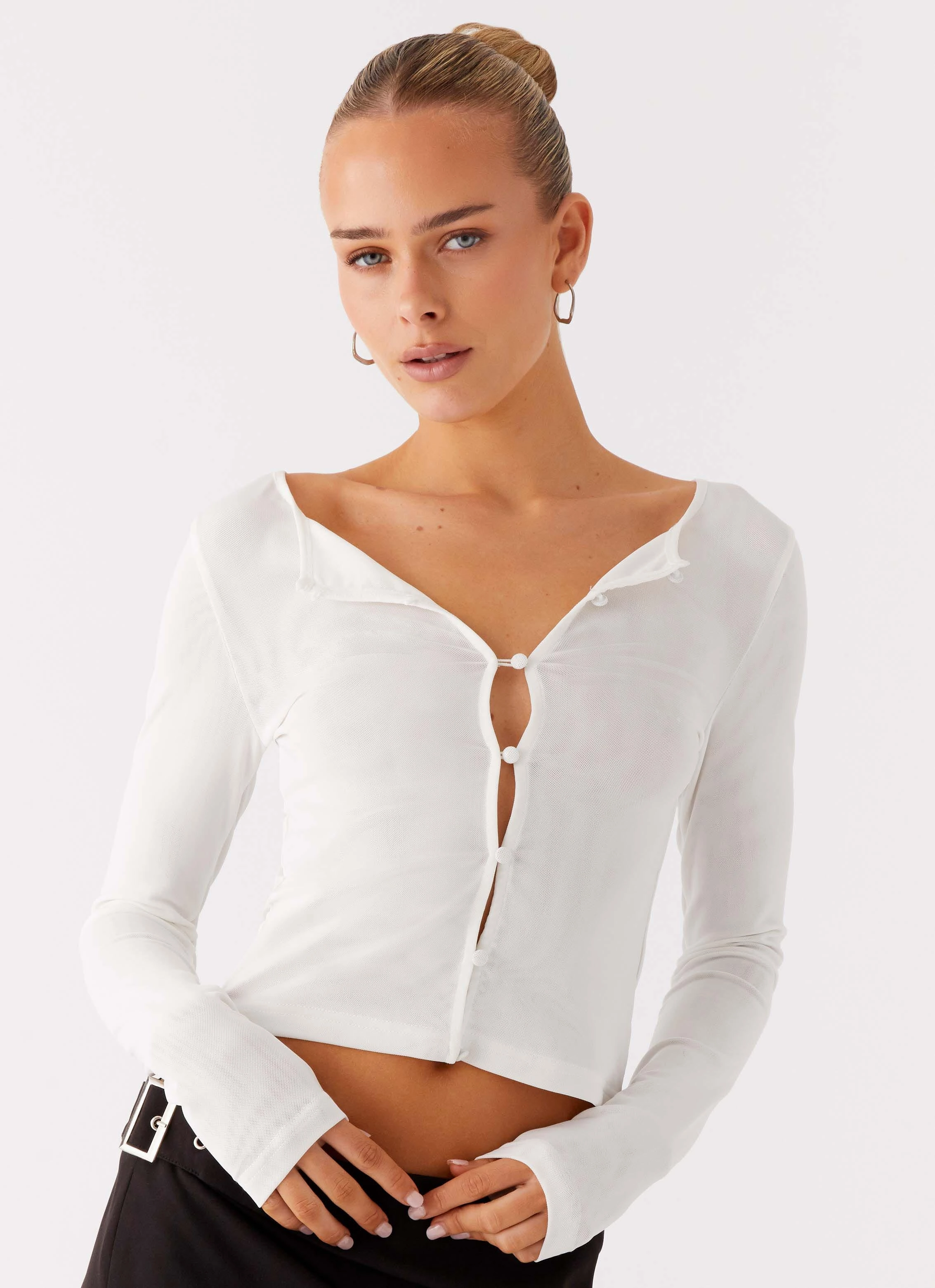 EasyCare Fabric Tear Resistant Fifth Ave Mesh Long Sleeve Top - Off White