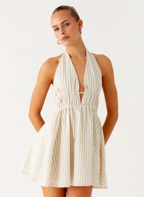 Coastal Chic Figaro Halter Mini Dress - Taupe Stripe