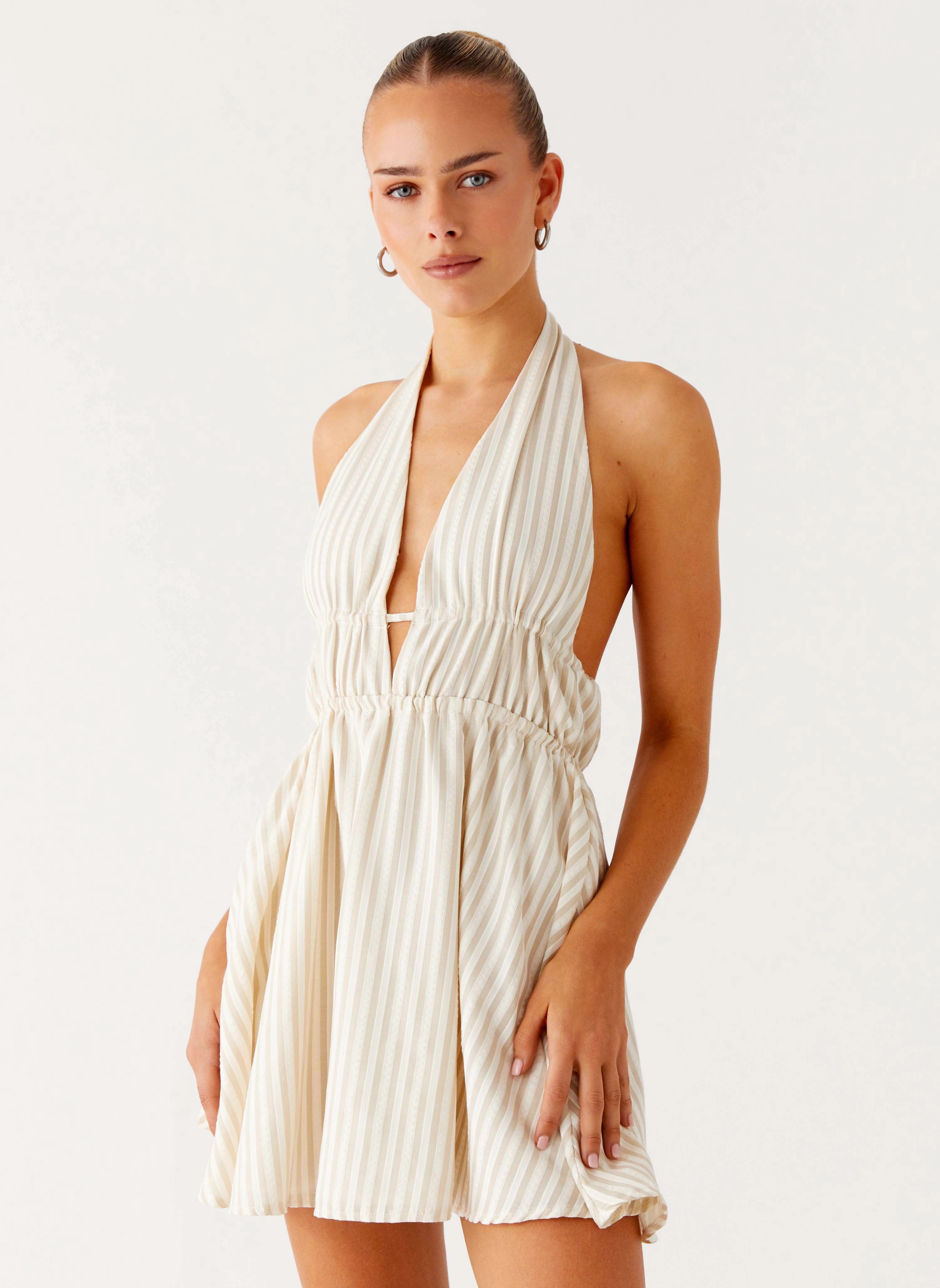 Figaro Halter Mini Dress - Taupe Stripe Chic Appeal Hidden pockets