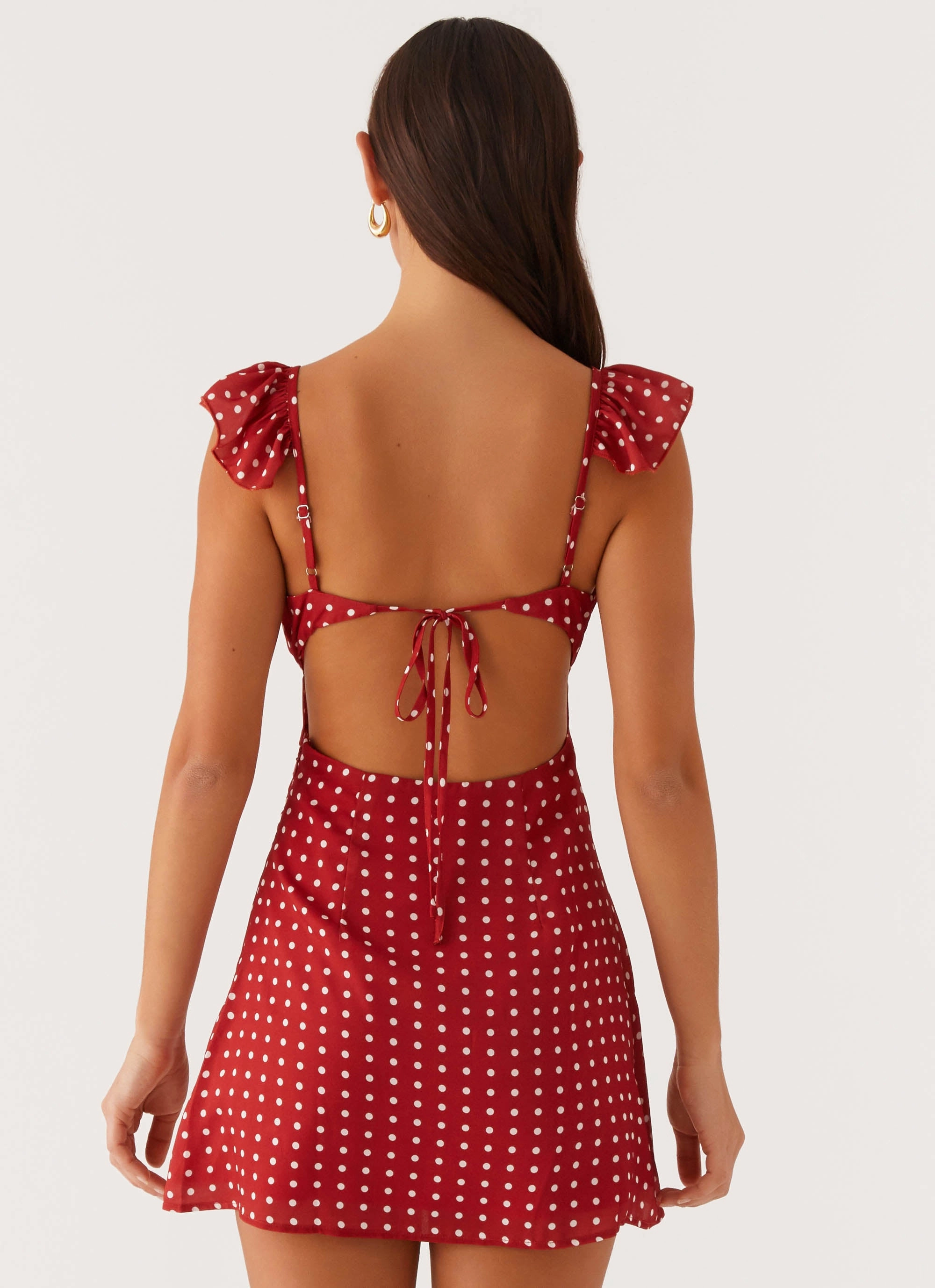 Adrina Ruffle Mini Dress - Red Polka Dot Seamless Edging Shirred Back