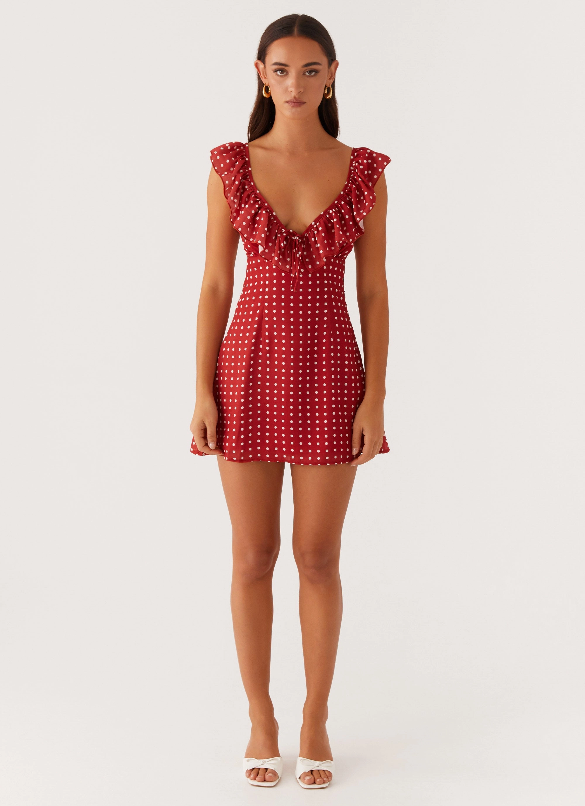 Adrina Ruffle Mini Dress - Red Polka Dot Timeless Trend Cozy Vibe