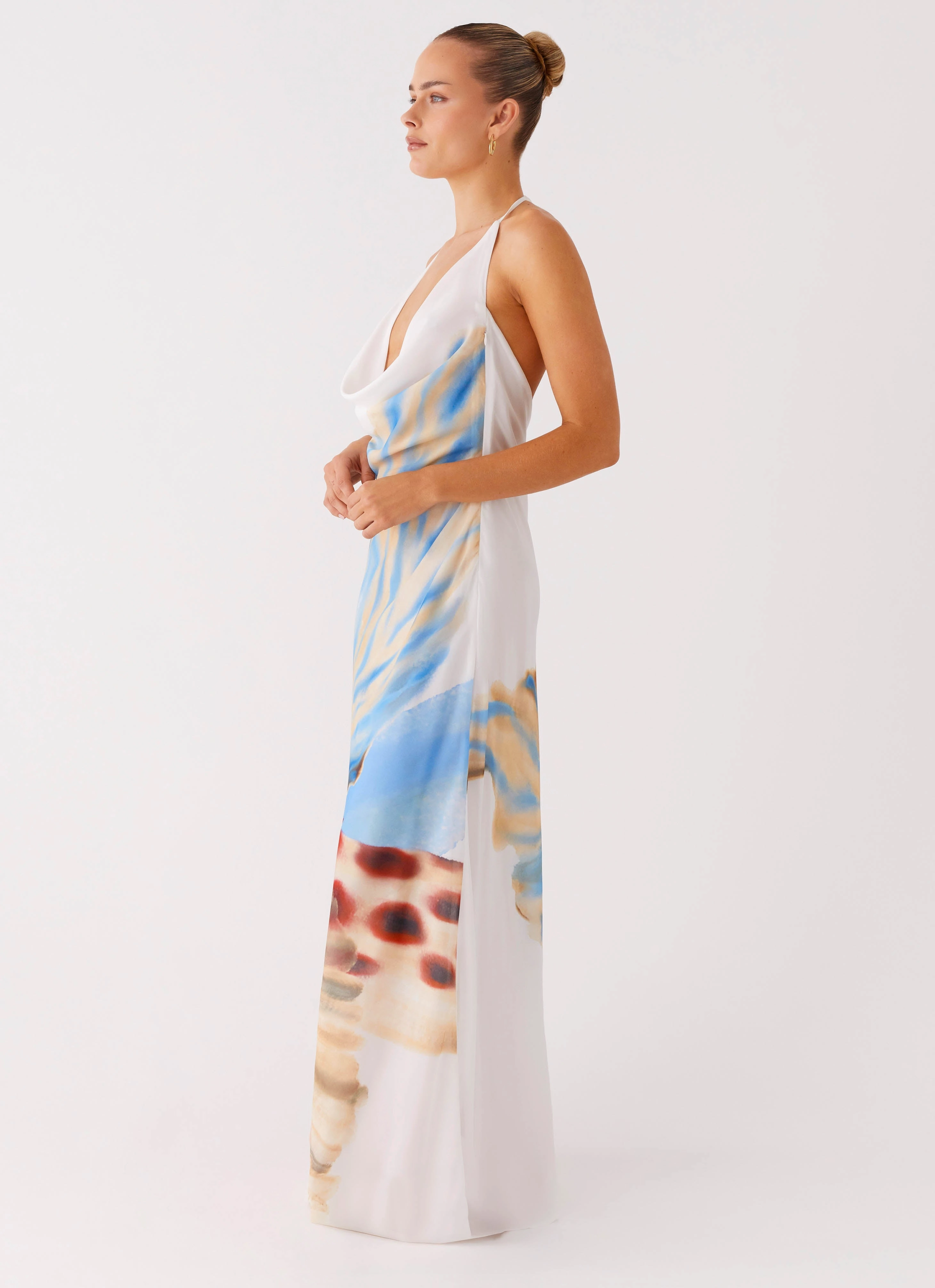 Stars Align Cowl Maxi Dress - White Sea Bloom Elegant Tailoring Satin-Edge