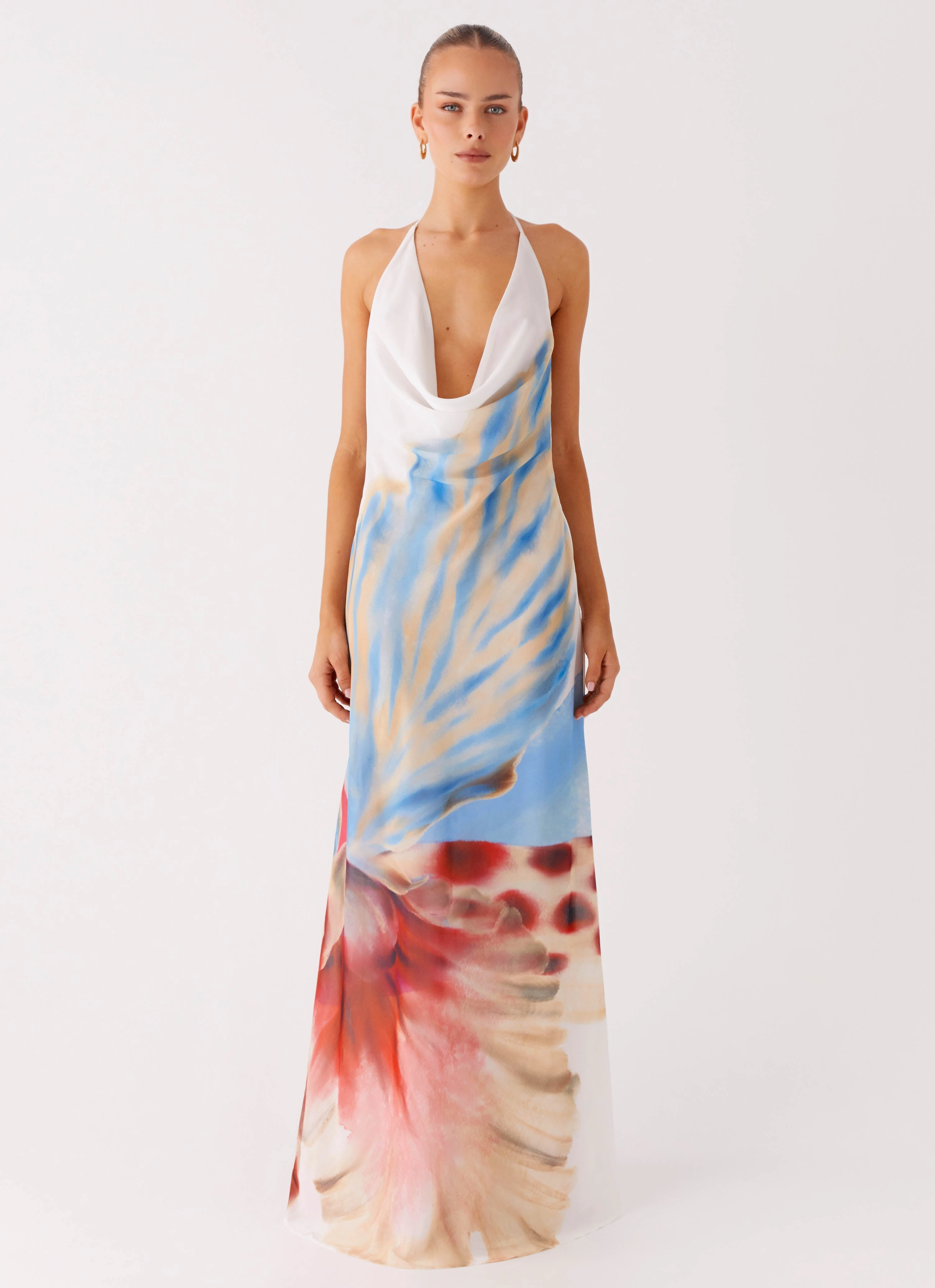 Classic Cut Stars Align Cowl Maxi Dress - White Sea Bloom