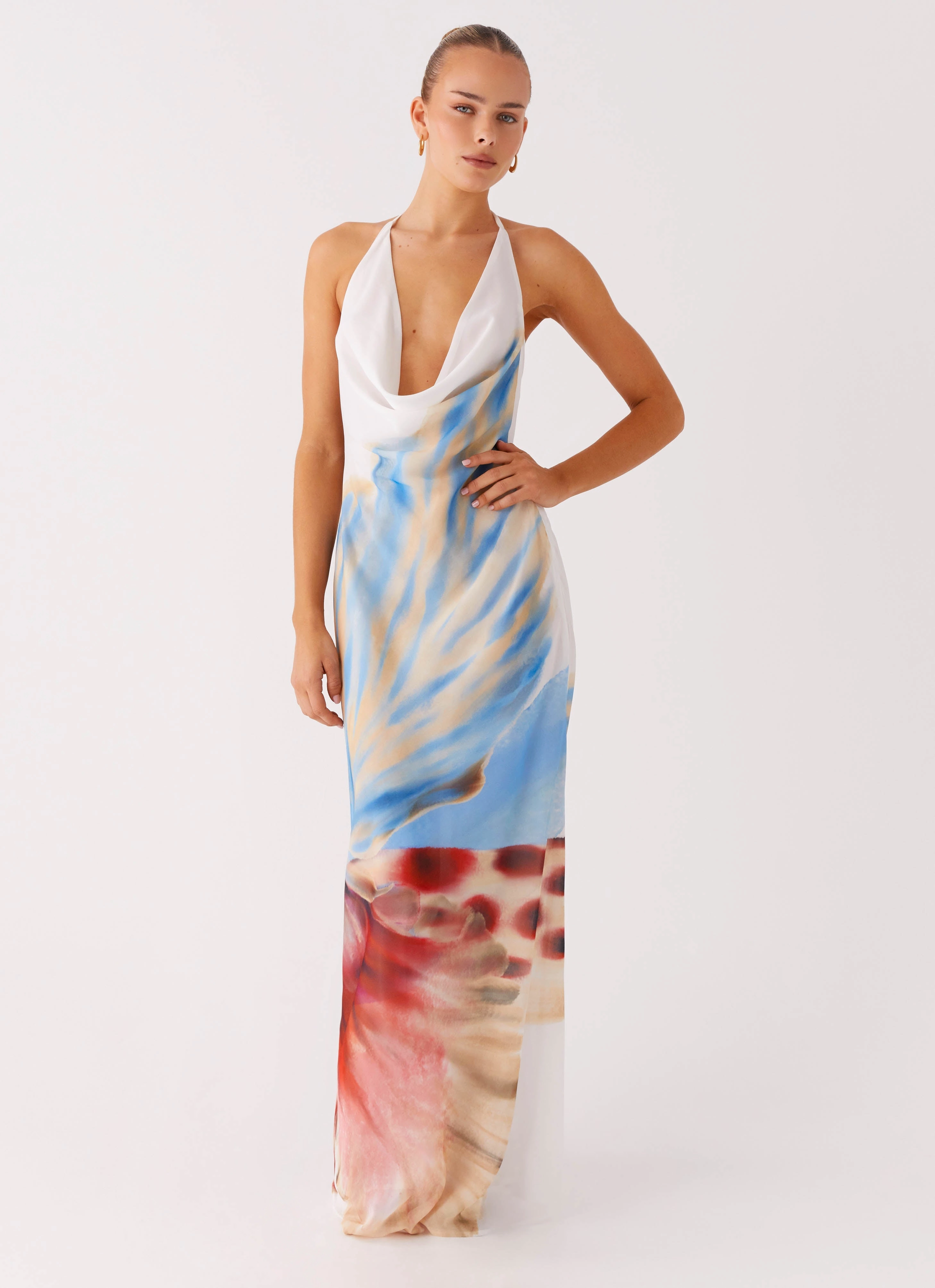 Fashion-Forward Fit Outdoor Ready Stars Align Cowl Maxi Dress - White Sea Bloom