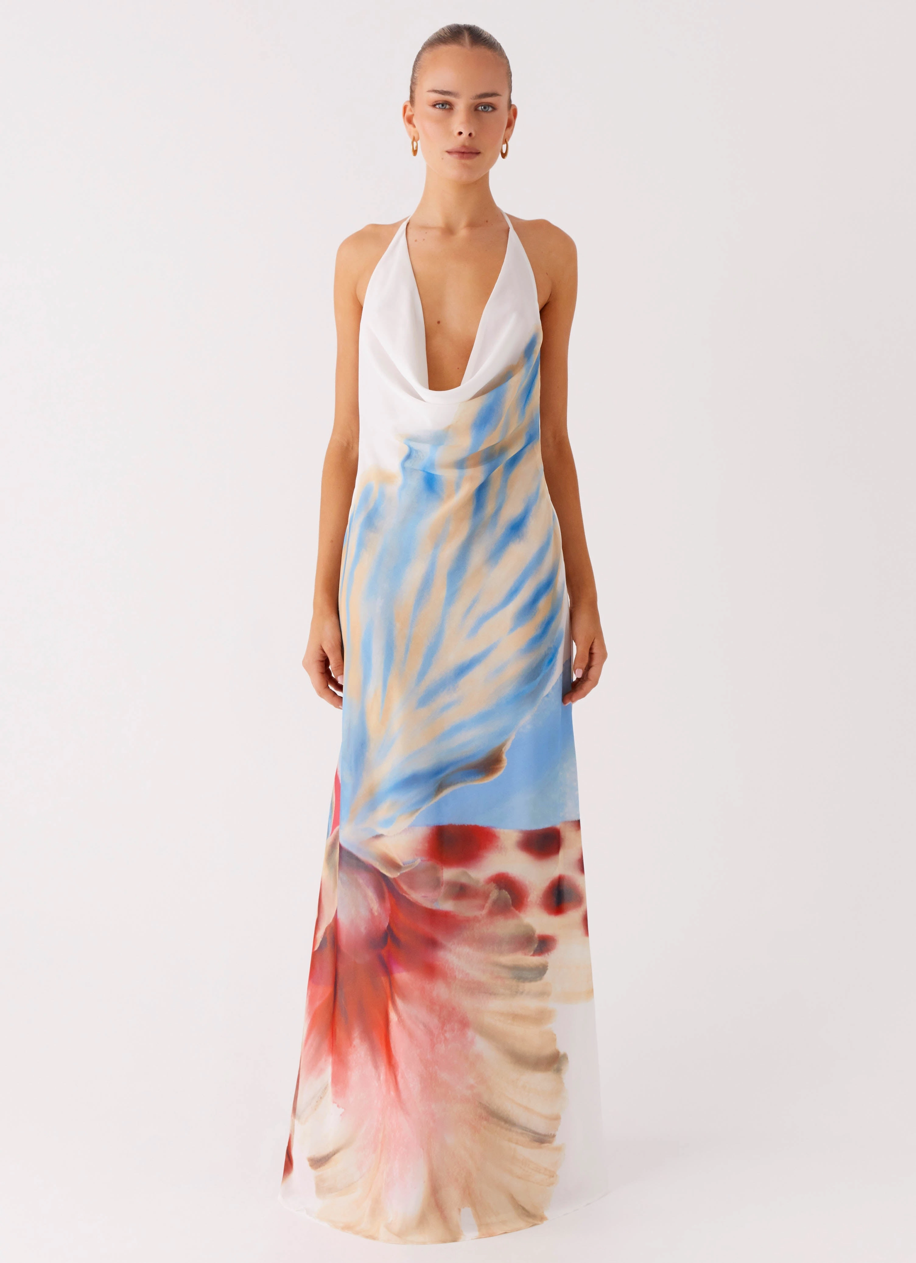 Stars Align Cowl Maxi Dress - White Sea Bloom Effortless Look