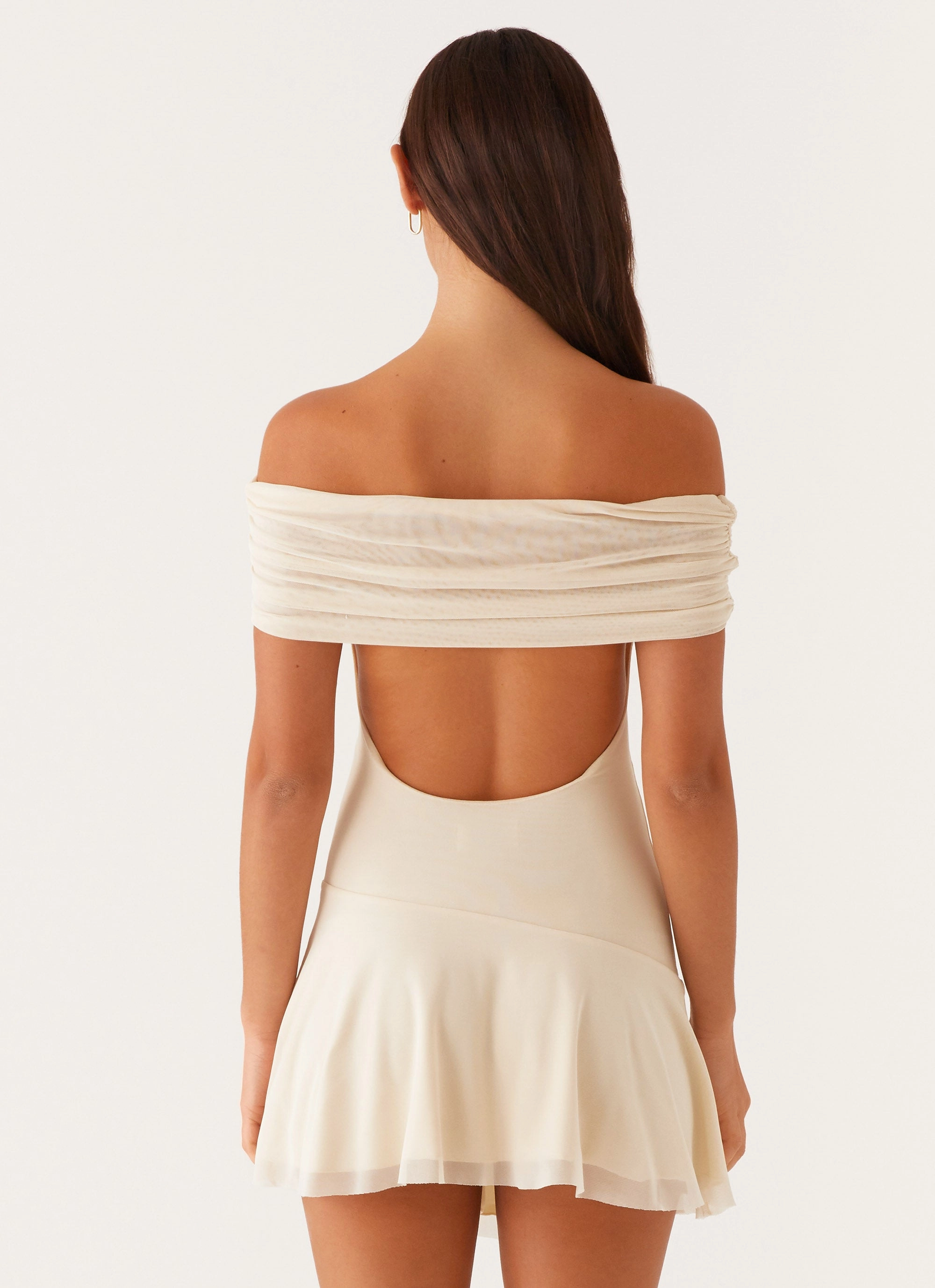 Finola Off Shoulder Mini Dress - Pastel Yellow Street Look